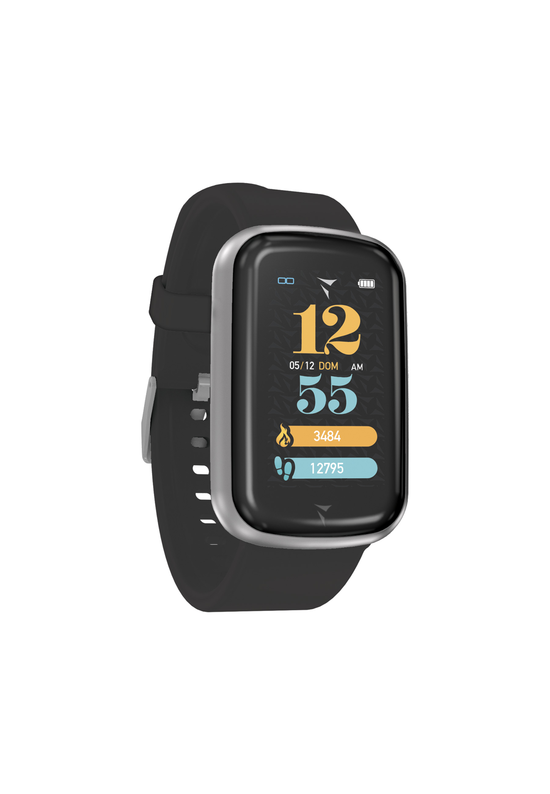 Montre connectée noire avec cadran rectangulaire affichant l'heure, les pas et les calories. Bracelet noir avec cadre argenté.