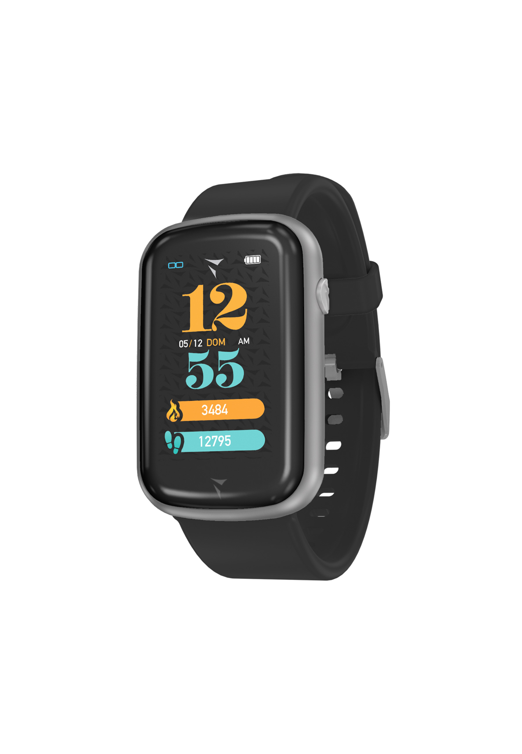 Une smartwatch noire et grise affiche l'heure et les données de fitness sur son écran.
