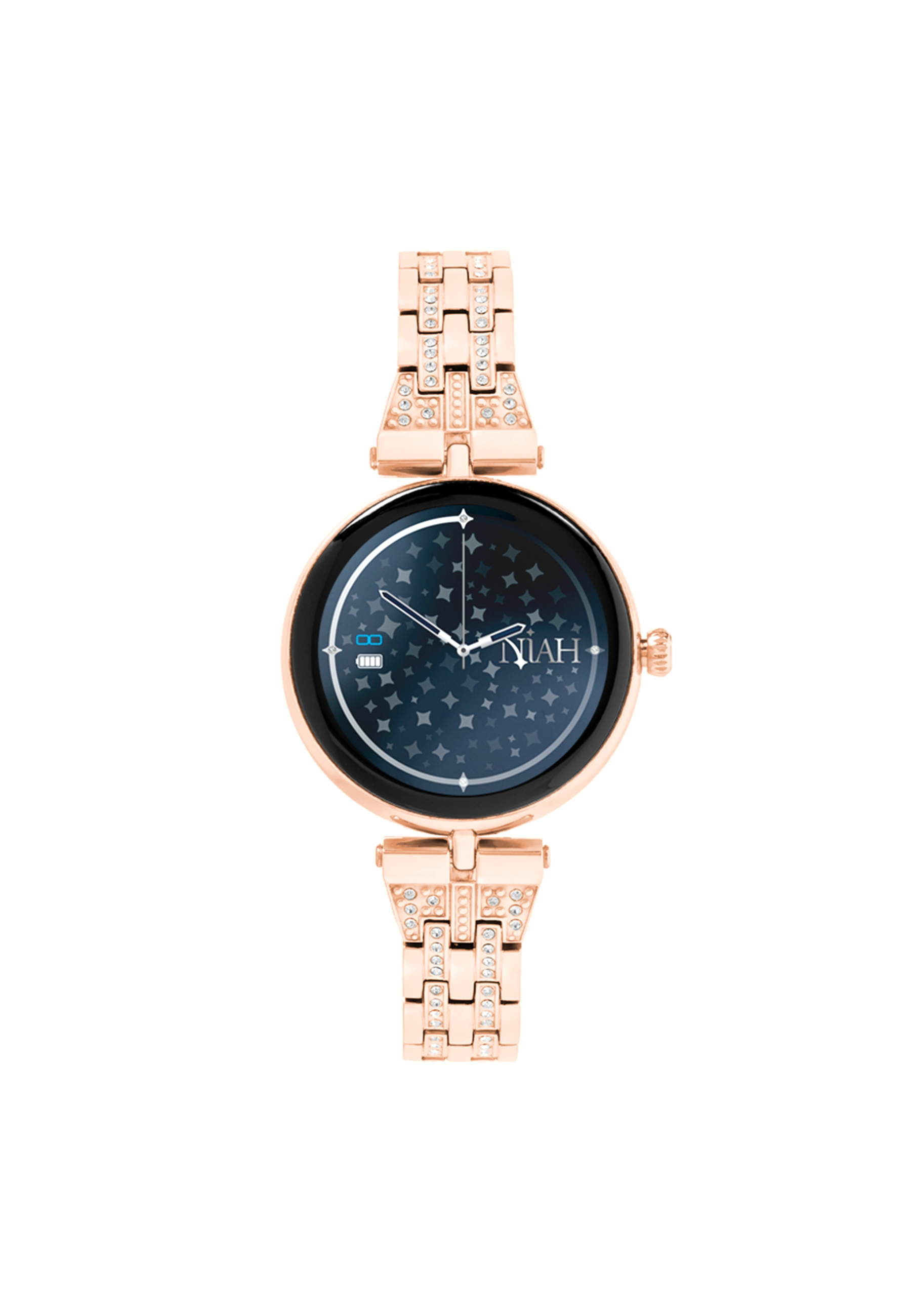 Roségoldene Smartwatch mit dunkelblauem Zifferblatt mit Sternen und dem Wort NIAH. Diamantarmband.
