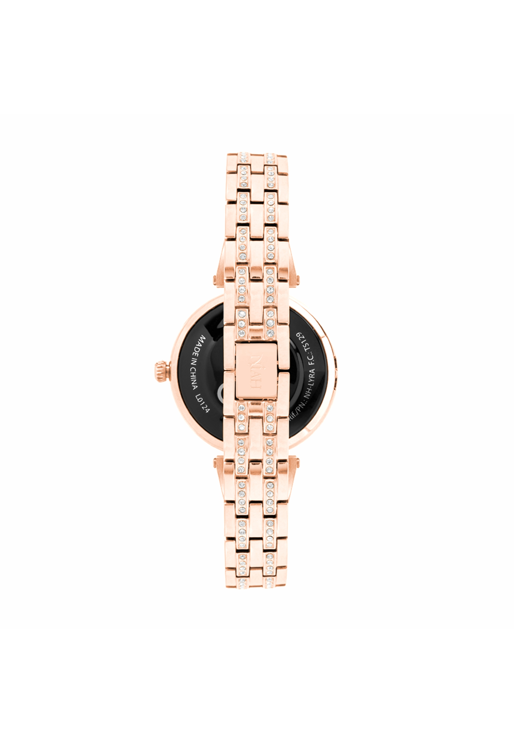 Roségoldene Smartwatch, Rückansicht mit Armband und Zifferblatt.