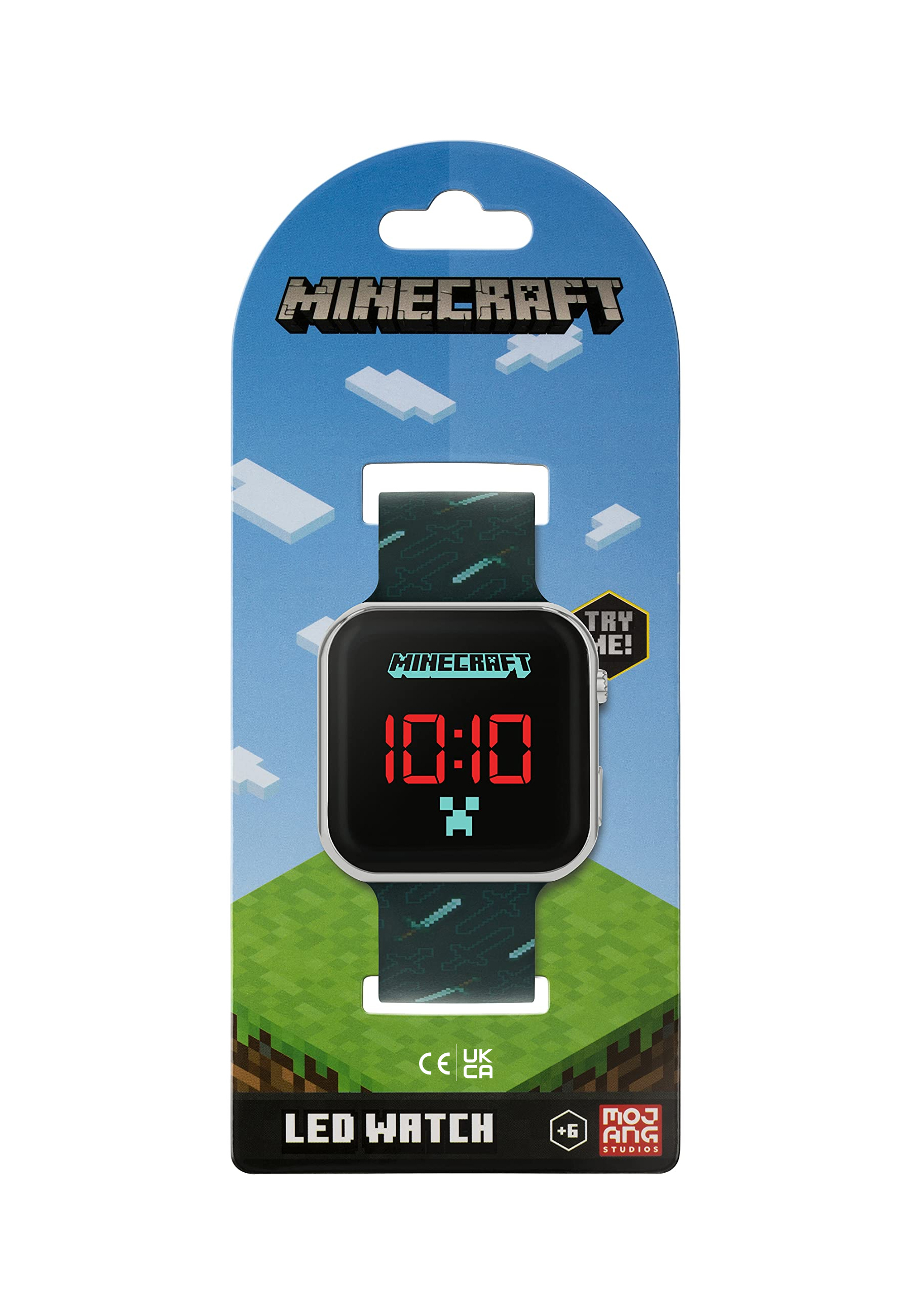 Montre LED Minecraft dans son emballage. La montre affiche l'heure 10:10 en chiffres rouges.