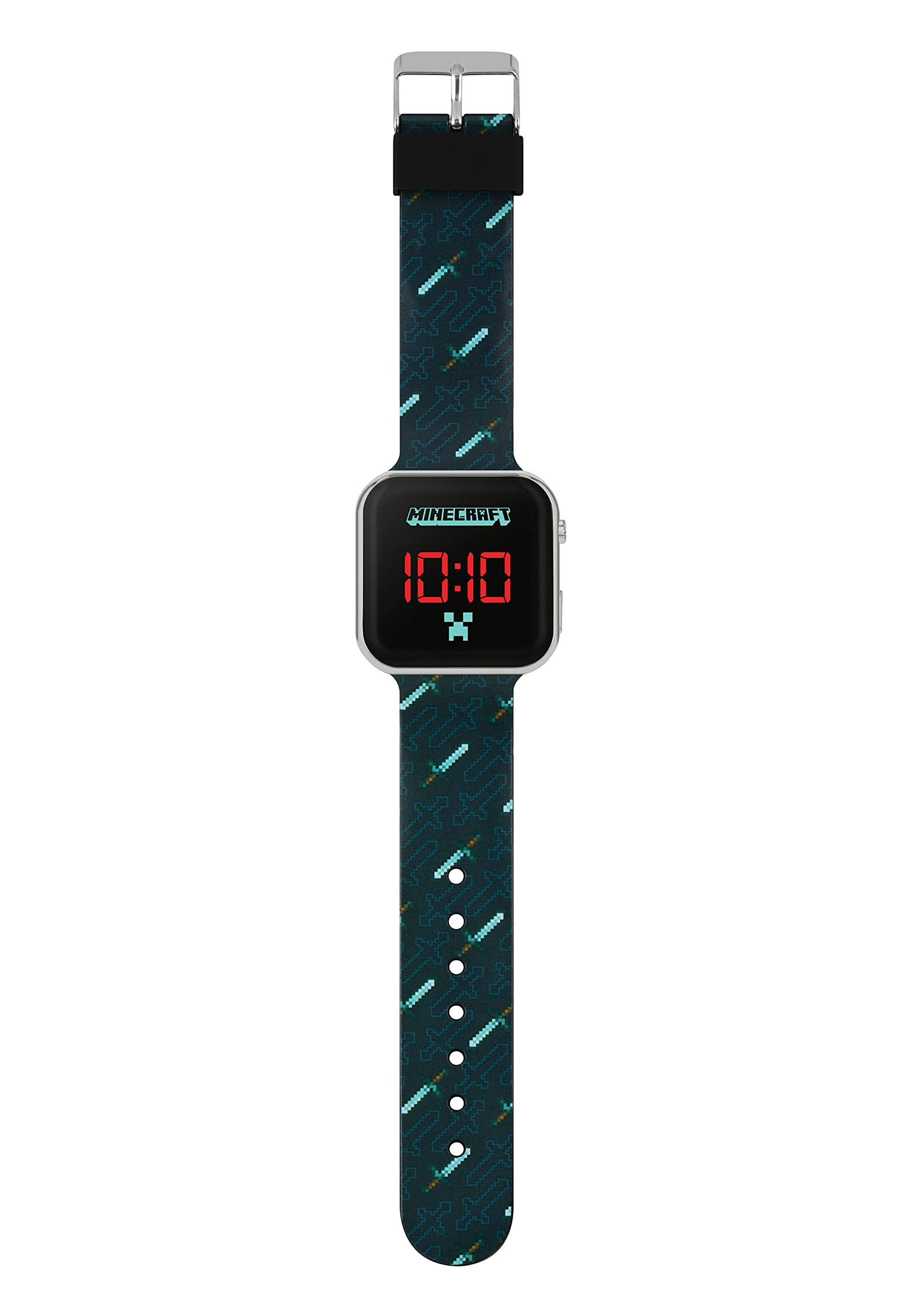 Montre Minecraft affichant l'heure et un logo.