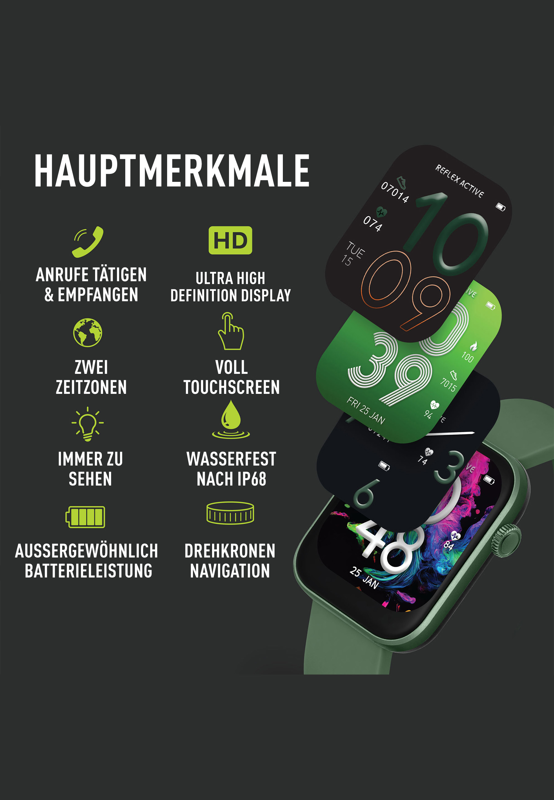 Smartwatch avec affichage de l'heure et des métriques de santé, plus icônes et fonctionnalités.
