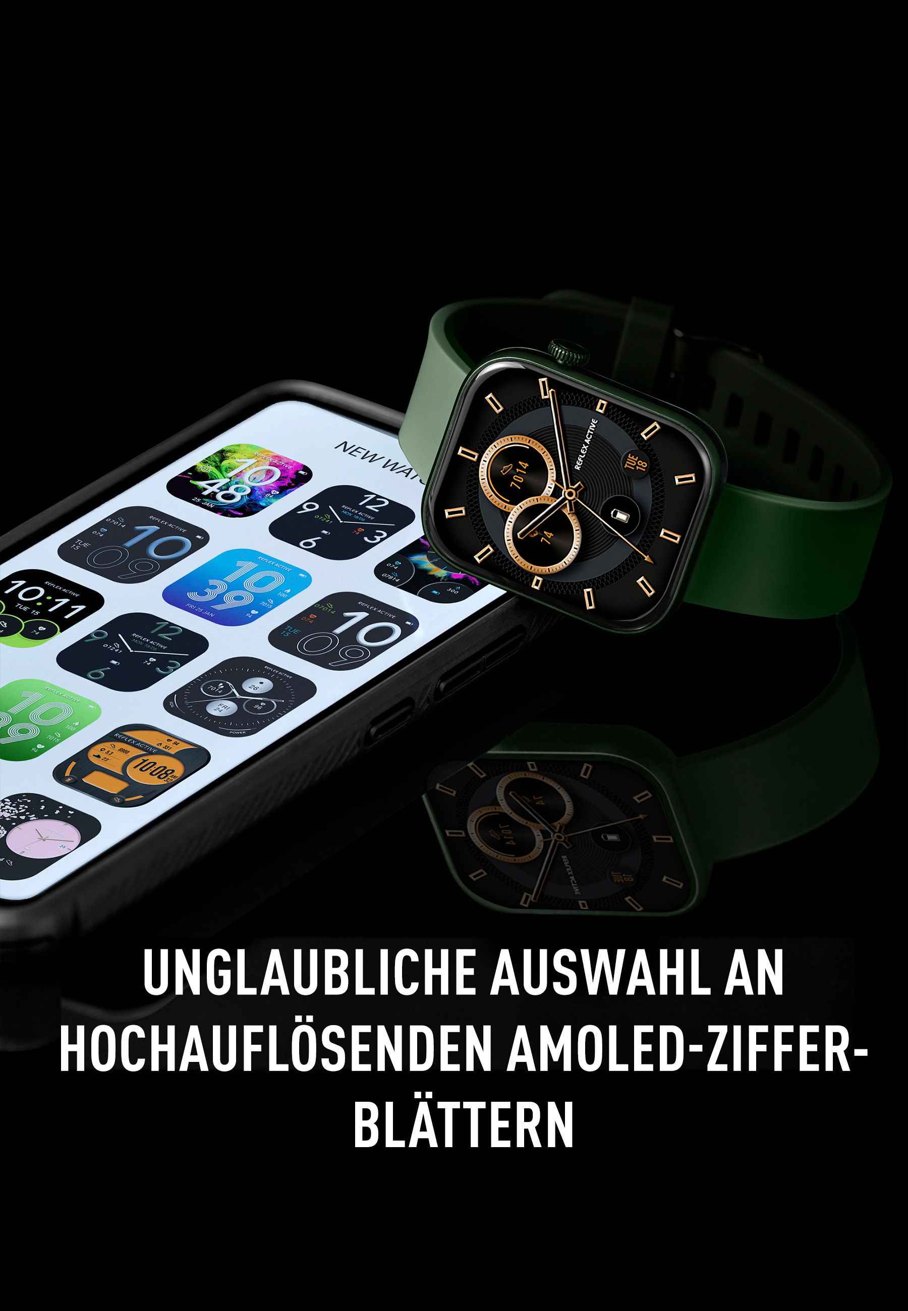 Une smartwatch sur une surface noire affichant différents cadrans, avec un téléphone.