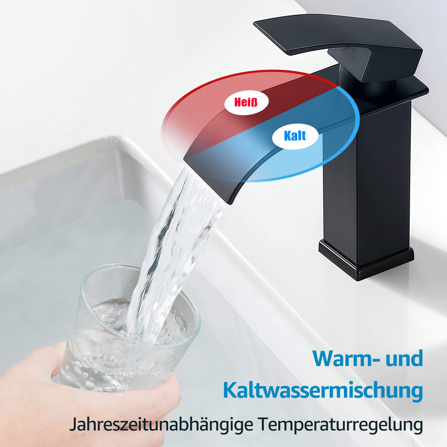 Schwarzer Wasserhahn mit rot und blau für heiß und kalt, und ein Glas Wasser wird gefüllt.