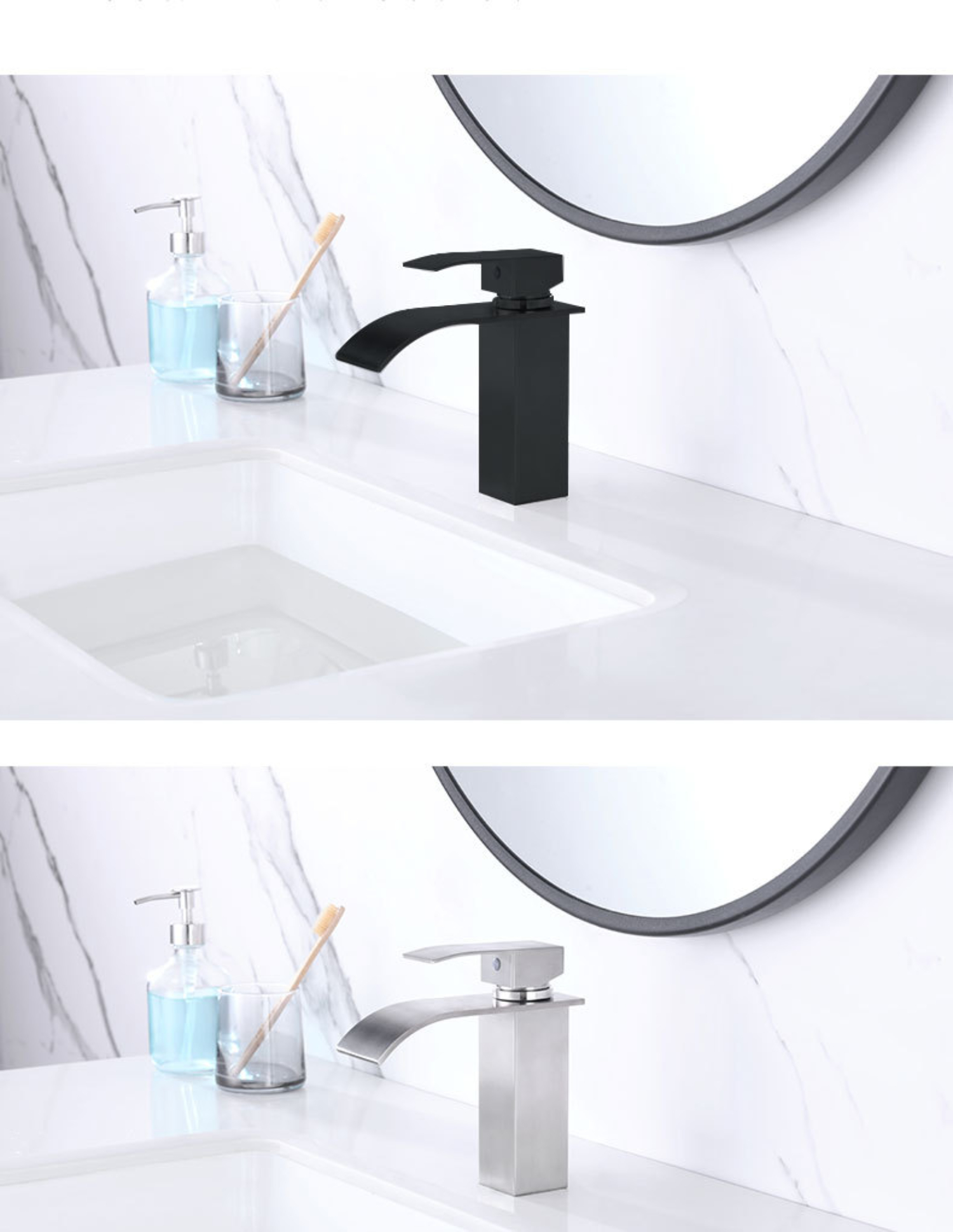 Zwei Badezimmerarmaturen, eine schwarze und eine silberne, über einem weißen Waschbecken. Eine Zahnbürste und eine Seifenflasche sind vorhanden.
