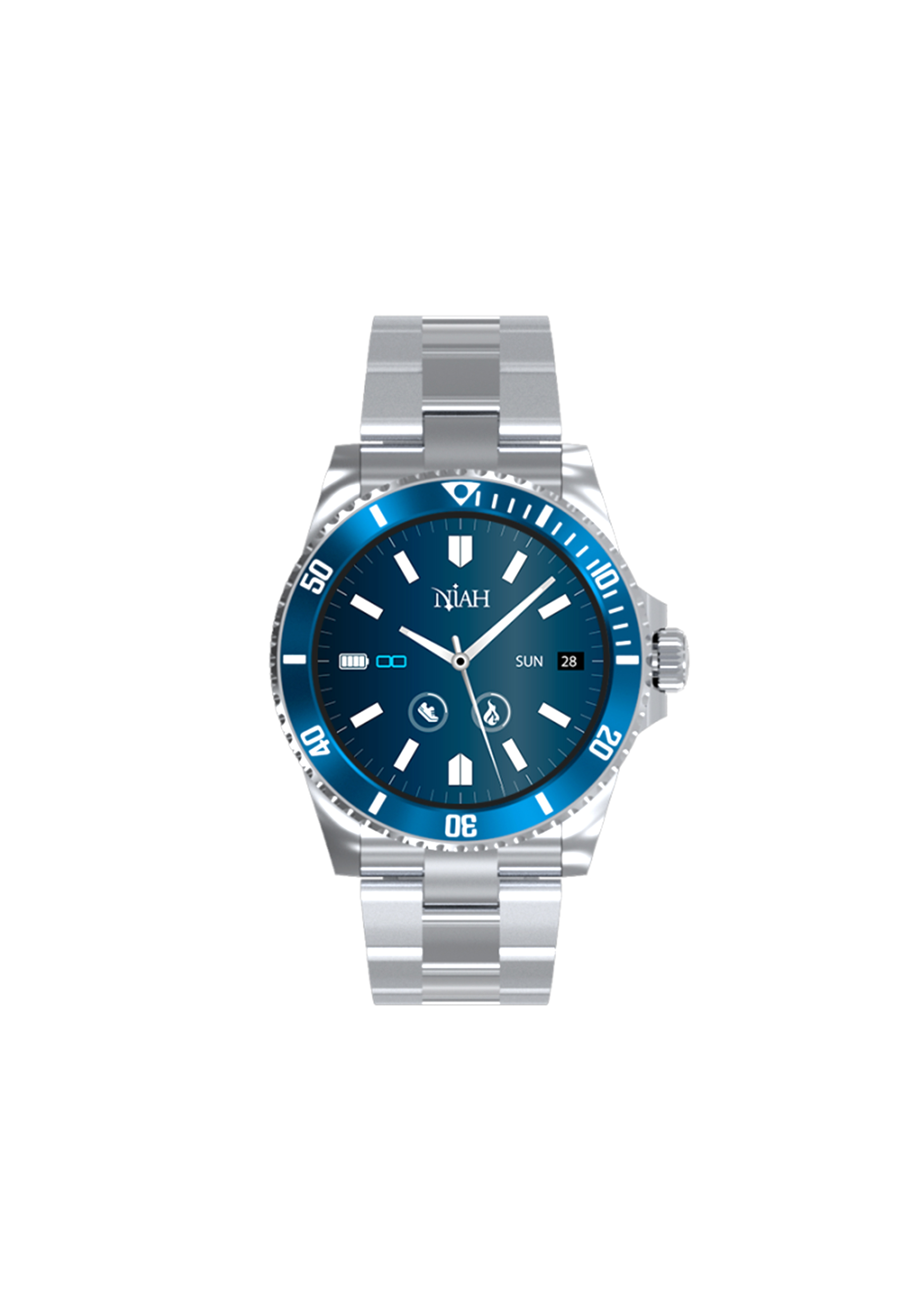 Silberne Smartwatch mit blauer Lünette. Zeigt Datum, Uhrzeit und Logo auf dem Bildschirm.