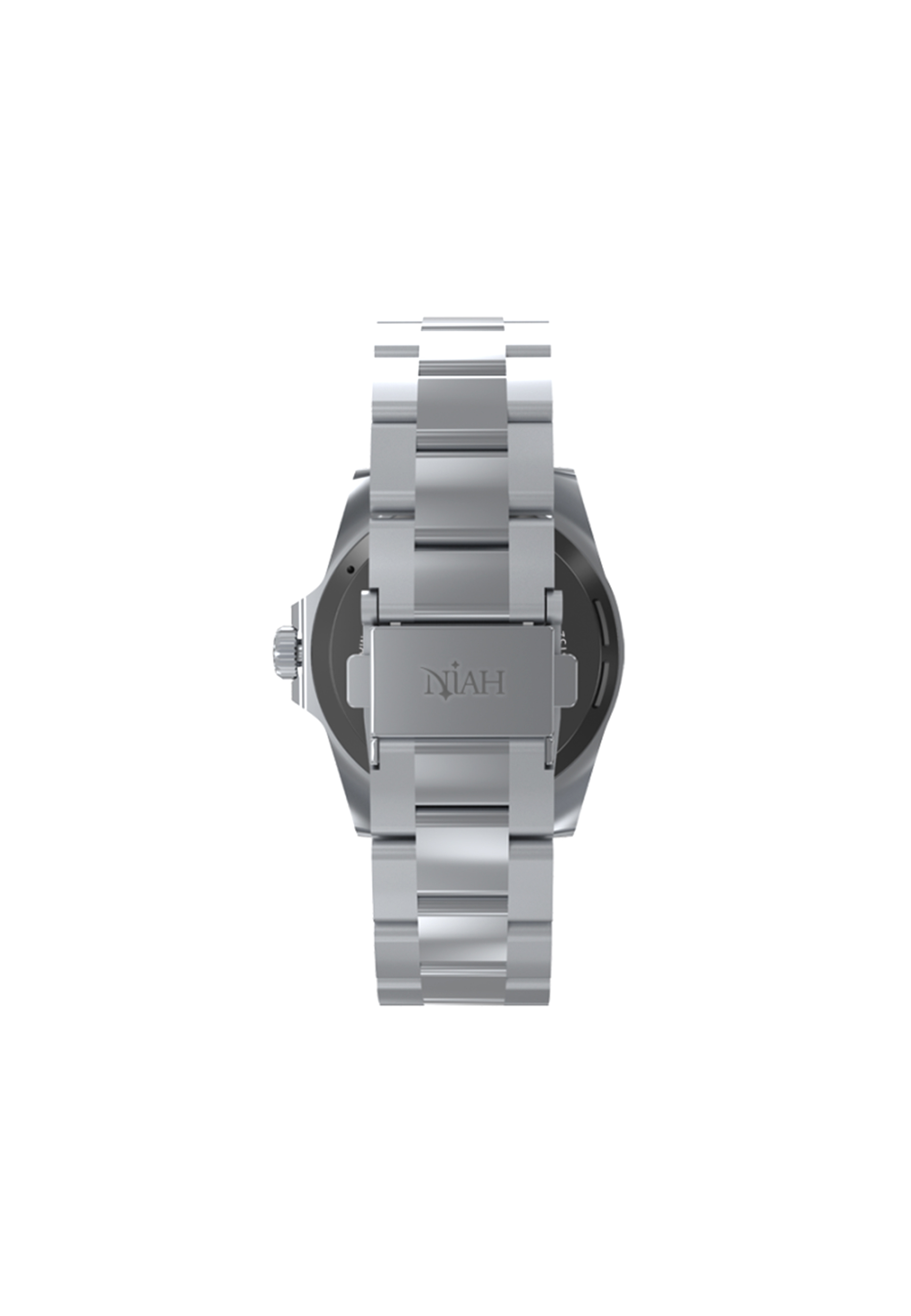 Primo piano del retro di uno smartwatch NIÄH argento con cinturino in metallo.