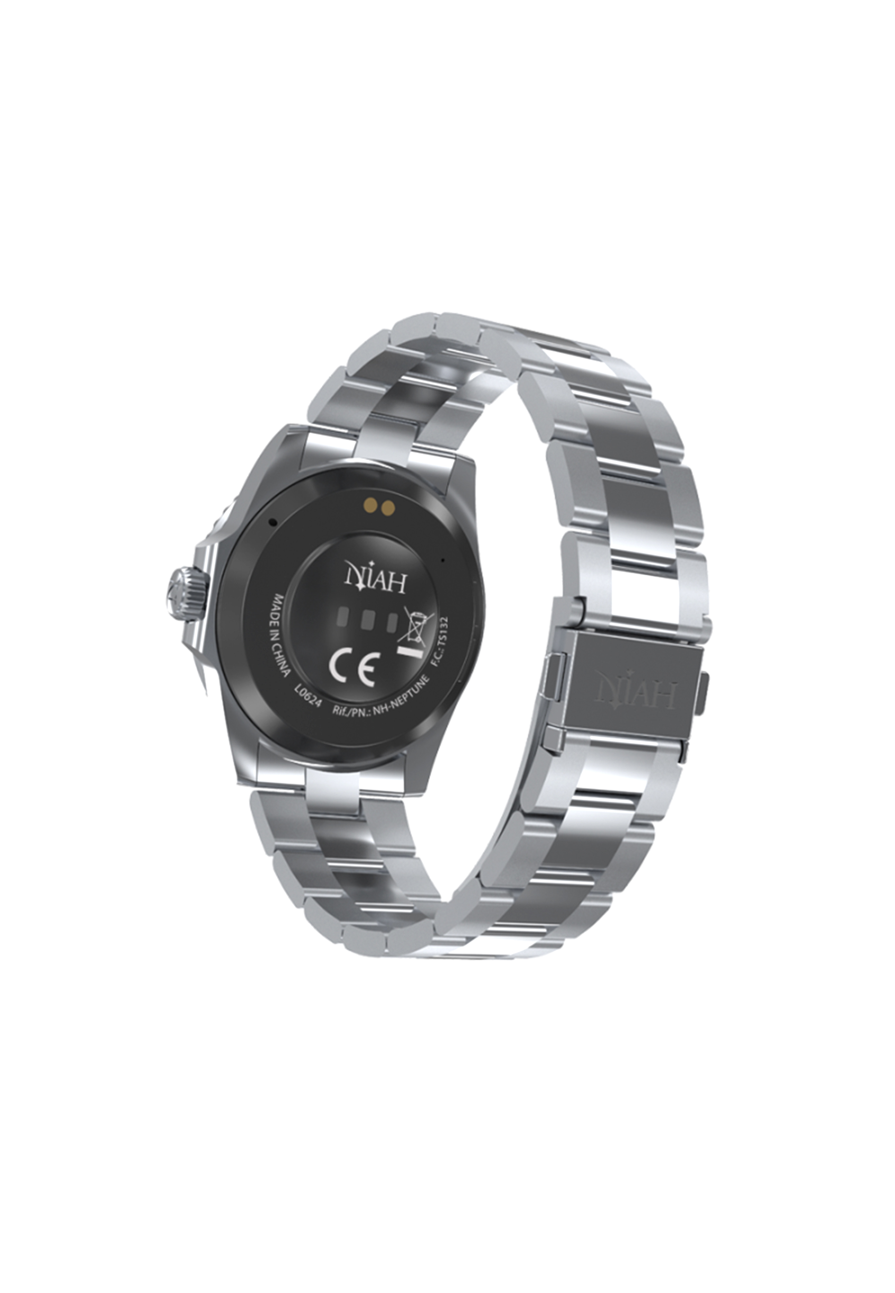 Uno smartwatch con cinturino in metallo argentato. Il retro dell'orologio è visibile. Il marchio è NIAH.