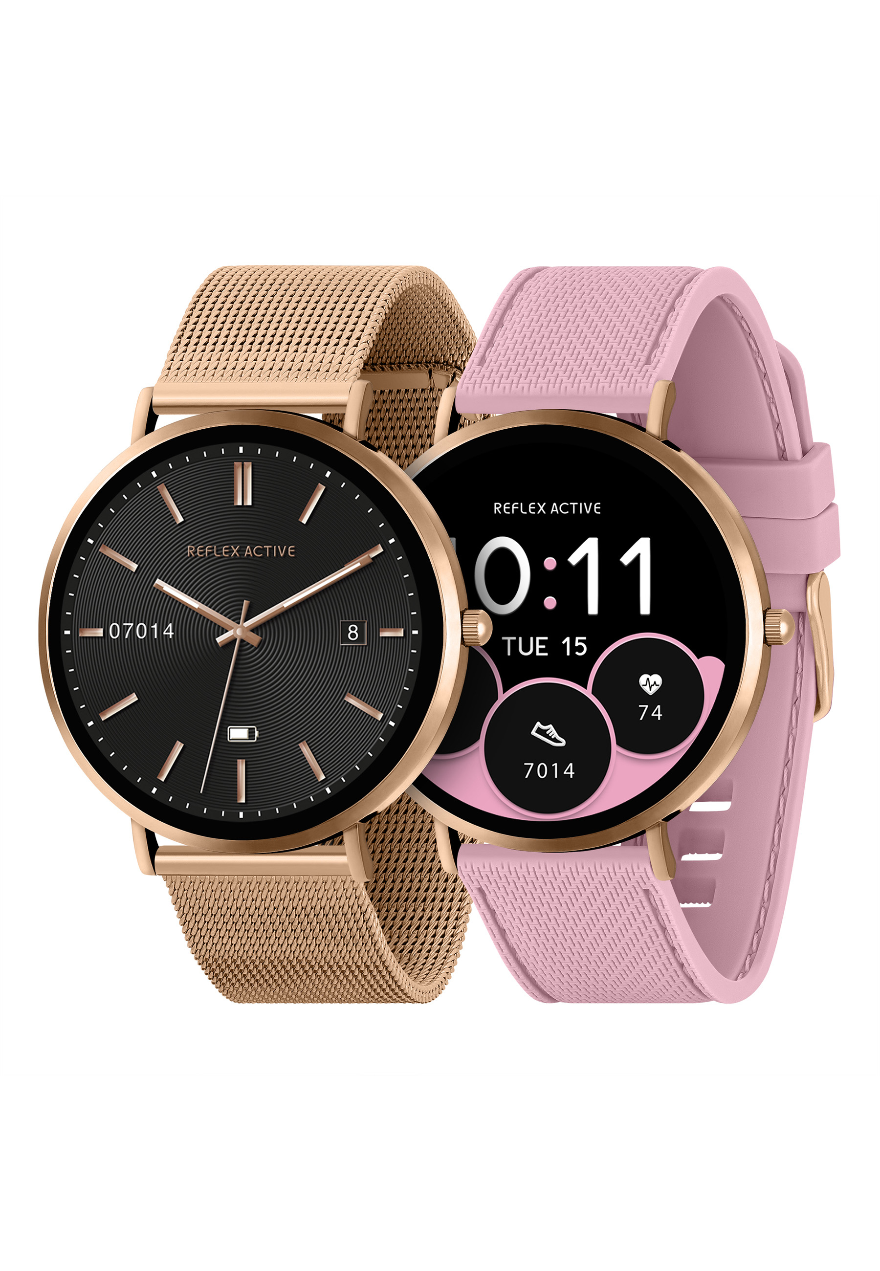 Deux smartwatches avec des bracelets dorés, une avec un cadran noir et une avec un cadran rose.