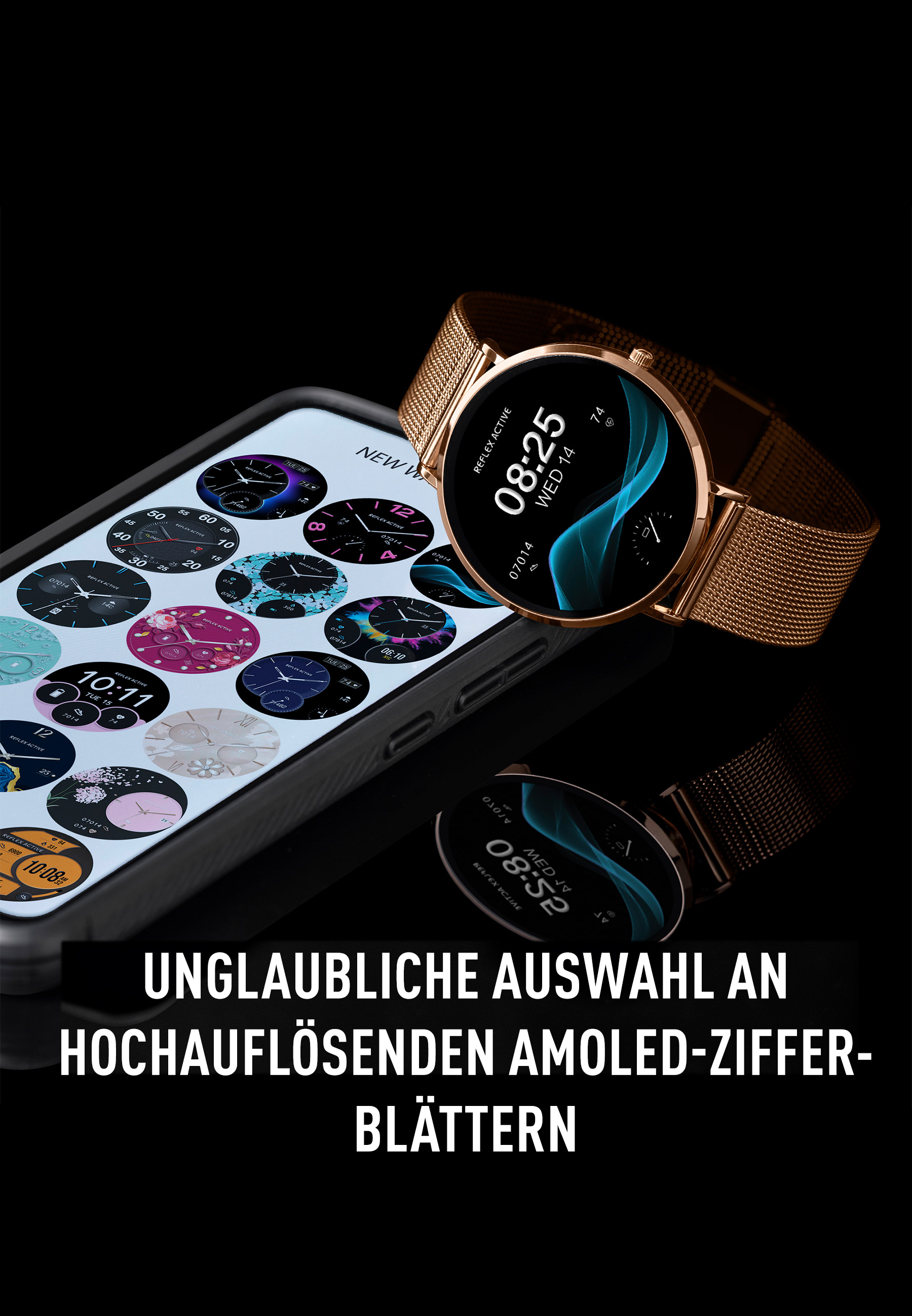 Smartwatch avec plusieurs cadrans et une montre séparée sur une surface noire.
