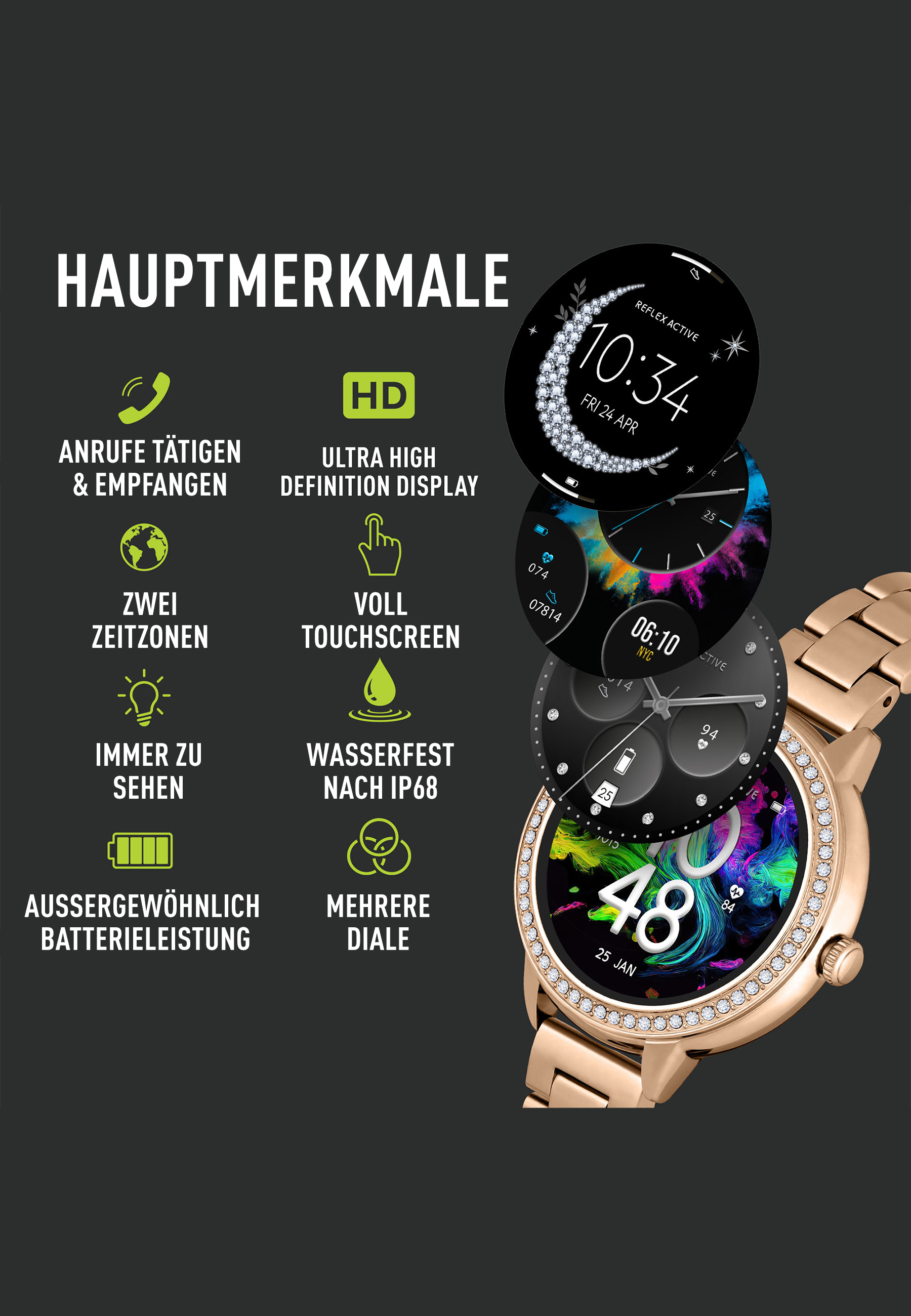 Roségold-Smartwatch mit mehreren Zifferblättern, die Datum und Uhrzeit anzeigen. Text: HD-Anzeige, Anrufe und zwei Zeitzonen.