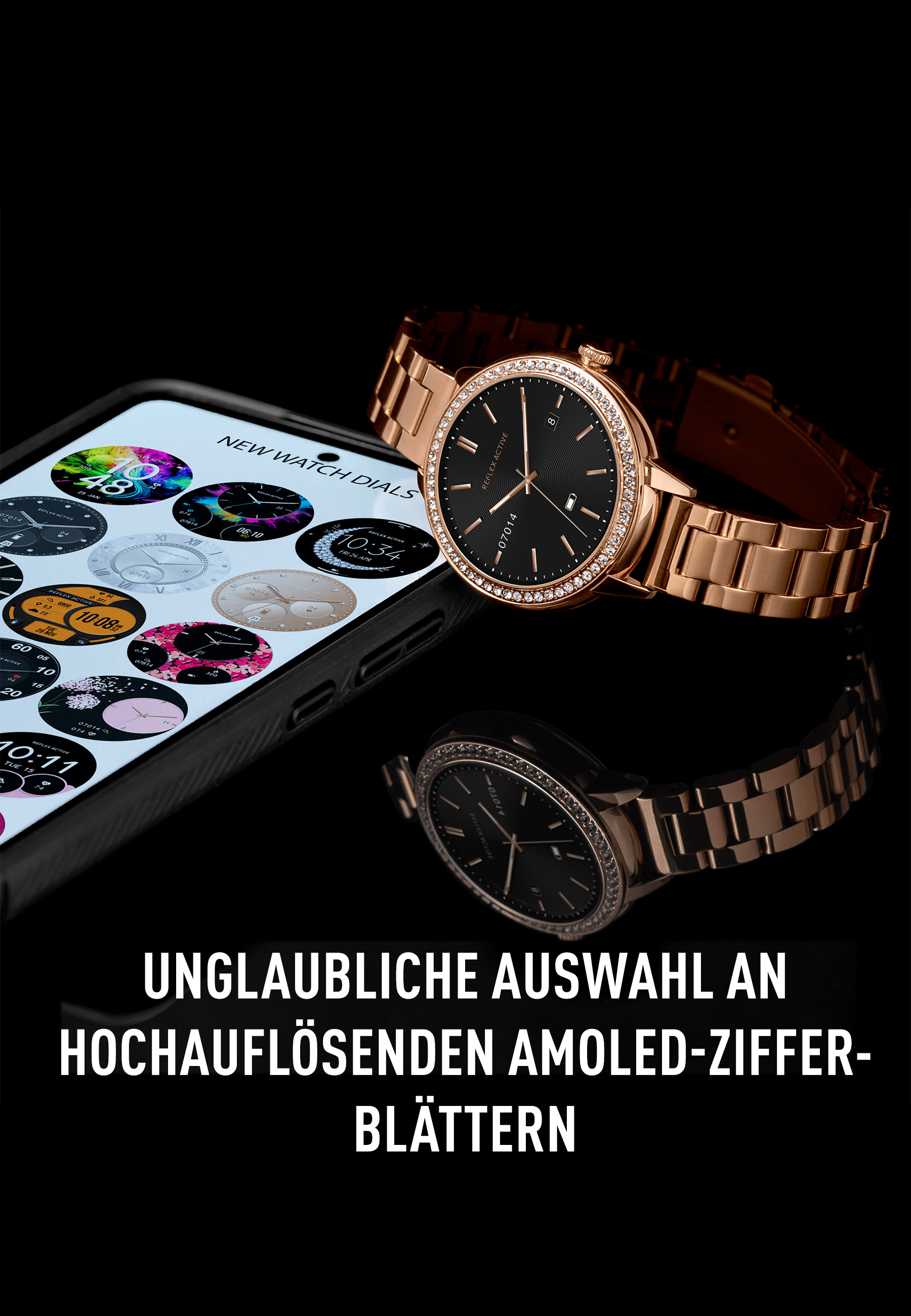 Eine Smartwatch auf schwarzem Untergrund, mit Telefon, das Zifferblattoptionen zeigt.