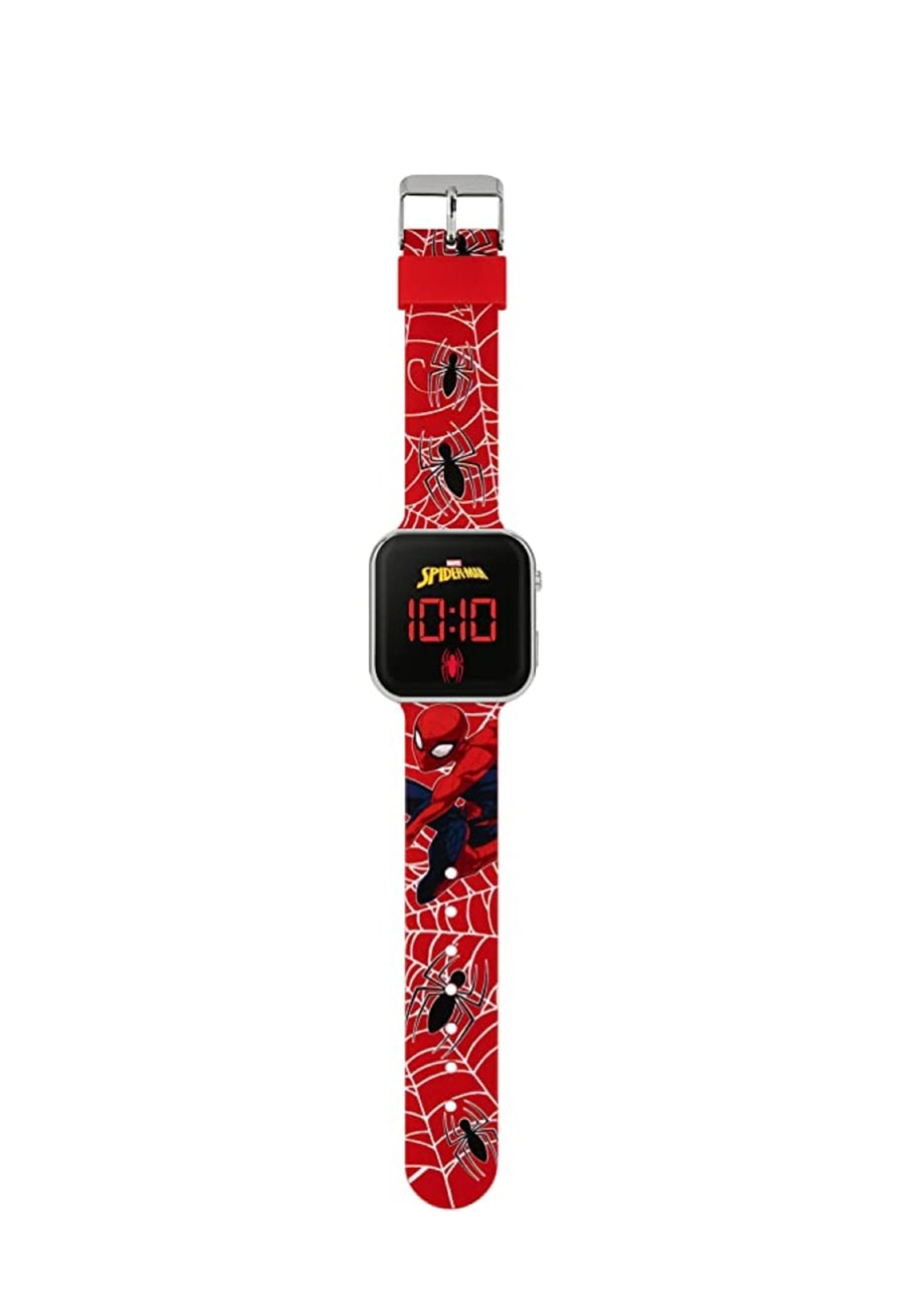 Montre connectée Spiderman avec bracelet rouge et écran rectangulaire affichant l'heure et le personnage.