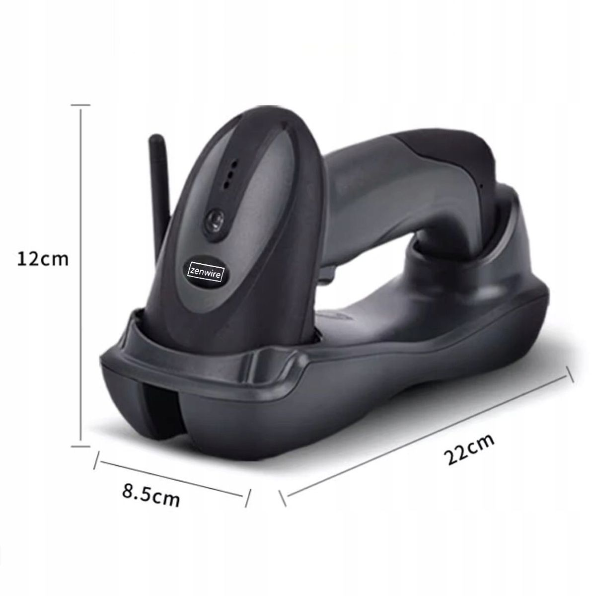 Czarny skaner kodów kreskowych z wymiarami i etykietą 'zenwire' na białym tle.