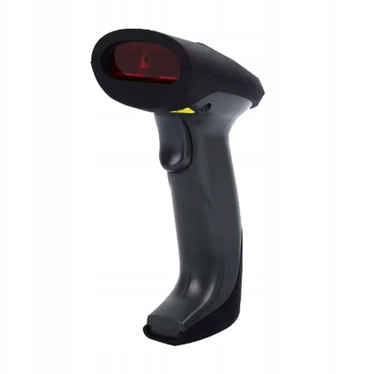 Czarny skaner kodów kreskowych. Posiada uchwyt i czerwony obszar emisji lasera.