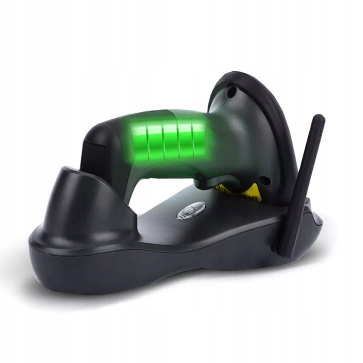 Czarny skaner kodów kreskowych na stojaku. Zielone paski światła u góry. Czarna antena po prawej.