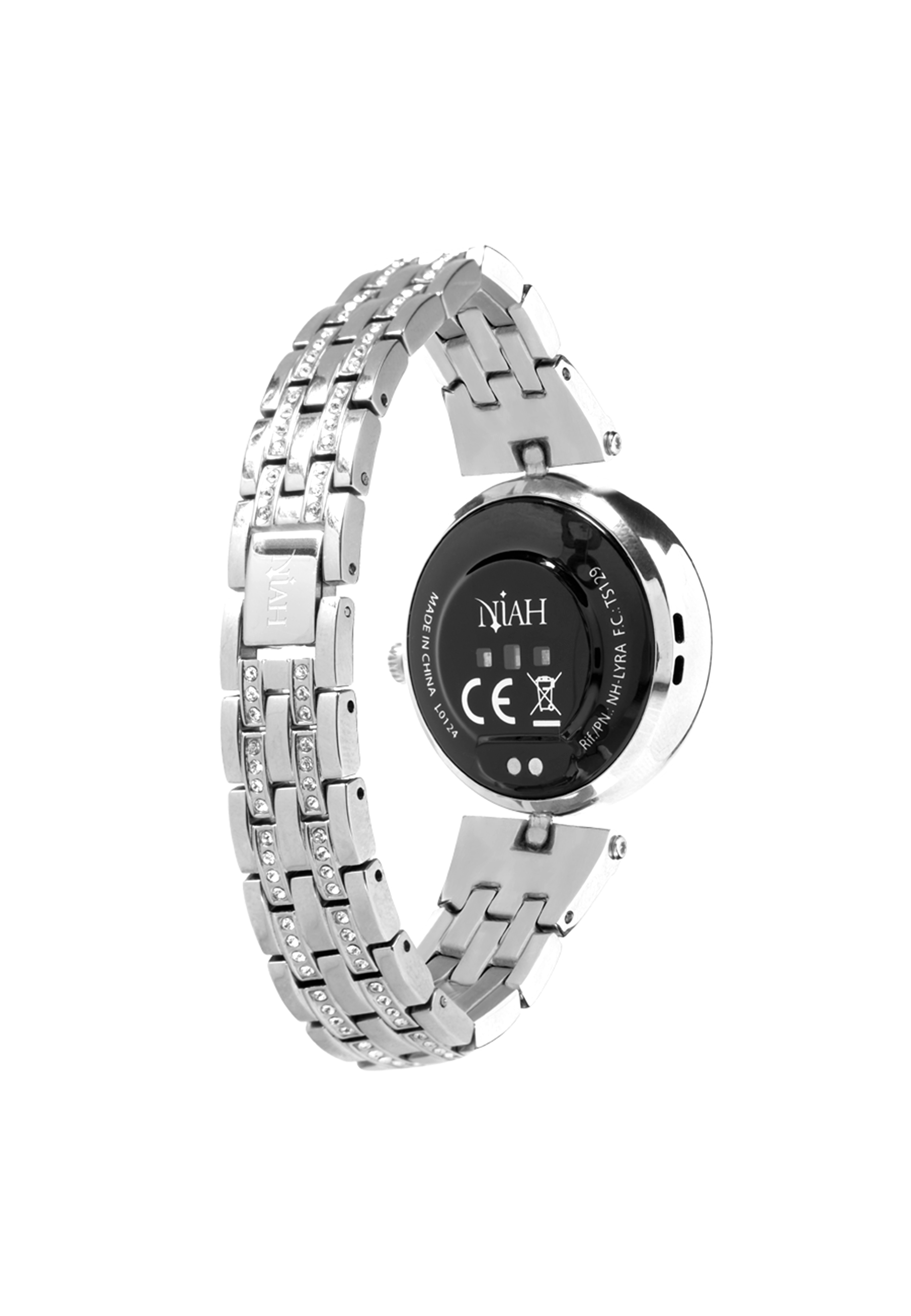 Silberne Smartwatch mit Schmuckband. Der Bildschirm zeigt die Zeit und Daten.