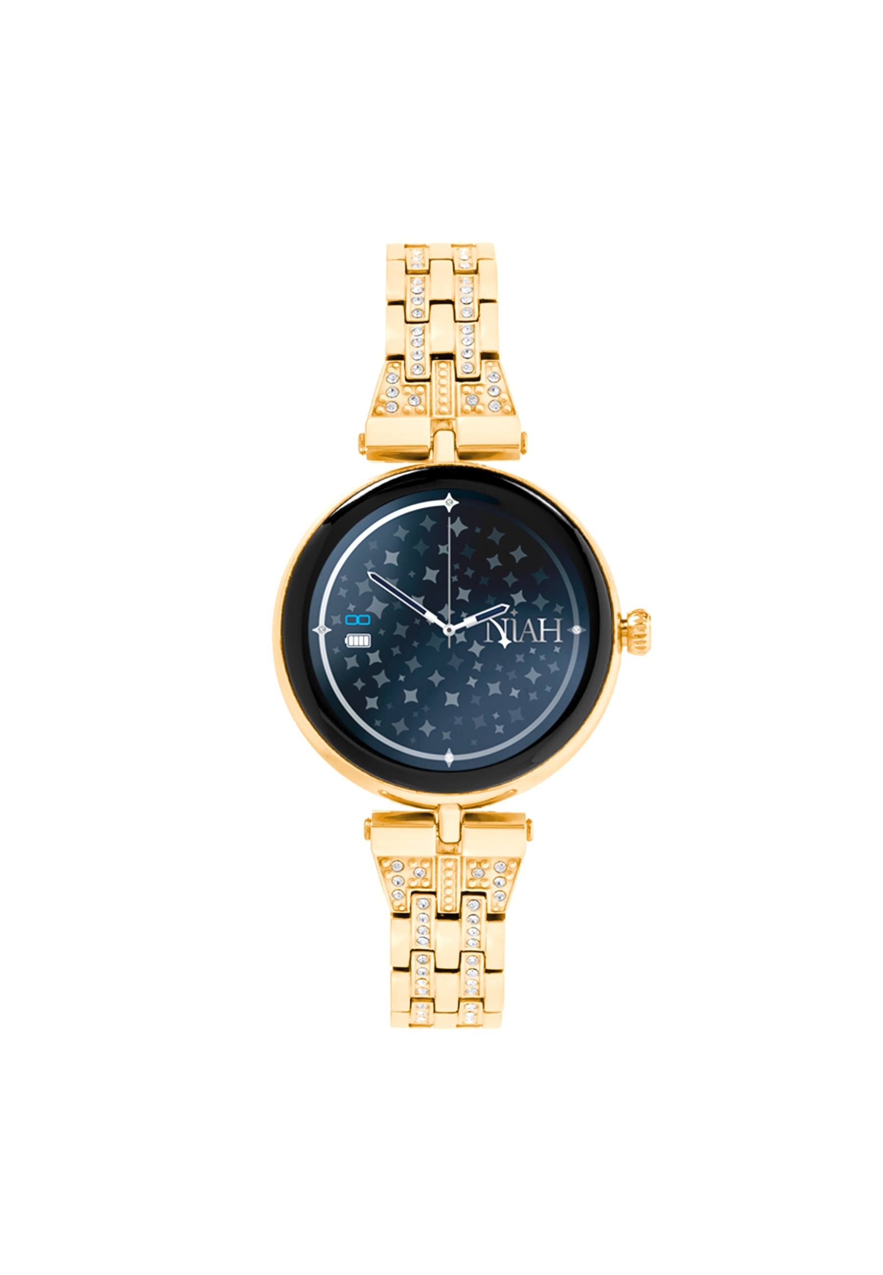 Goldene Smartwatch mit sternförmigem Display und goldenem Armband. Die Uhrzeit ist sichtbar.