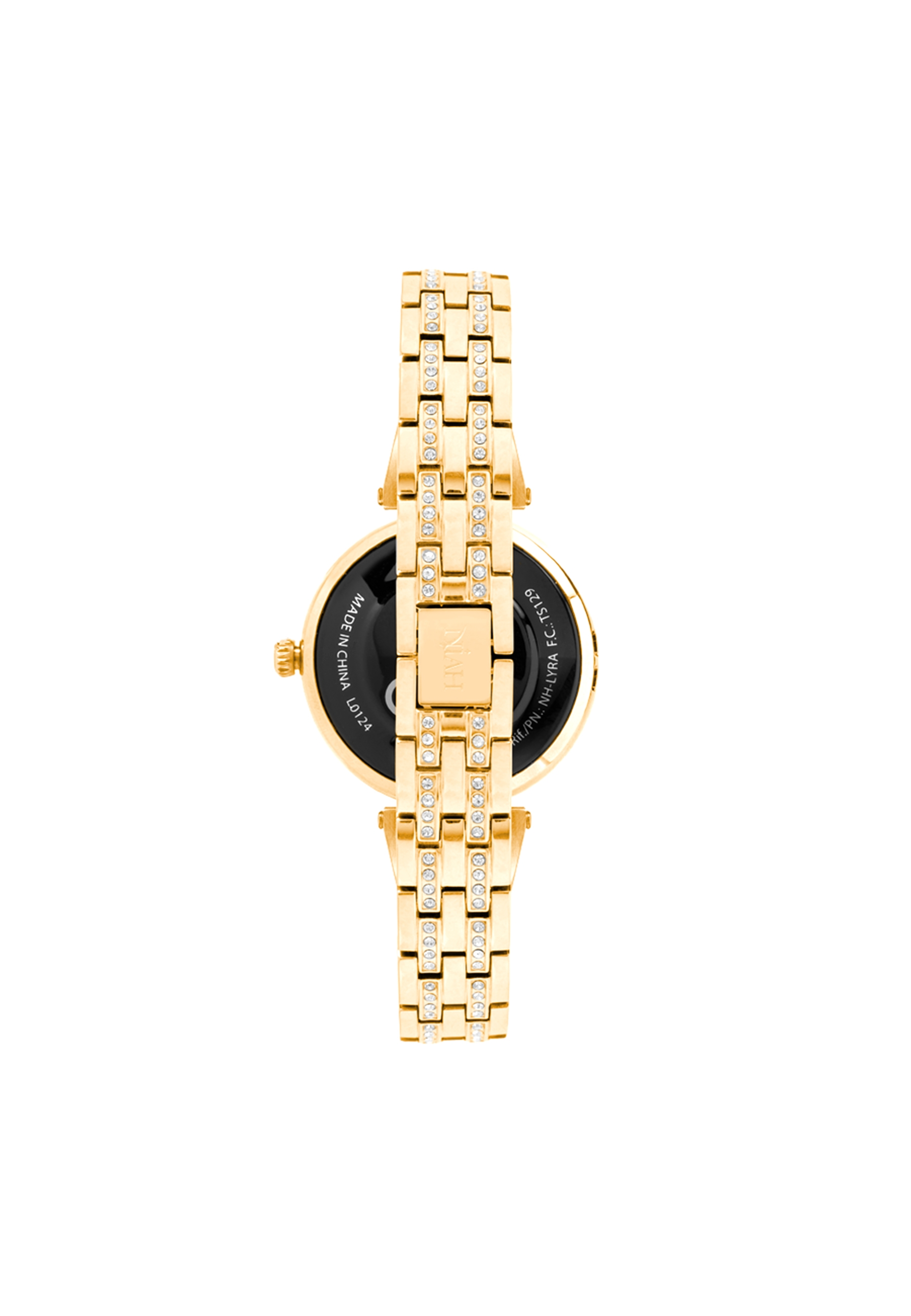 Rückansicht einer goldfarbenen Smartwatch. Die Uhr hat ein goldenes Armband und befindet sich auf weißem Hintergrund.