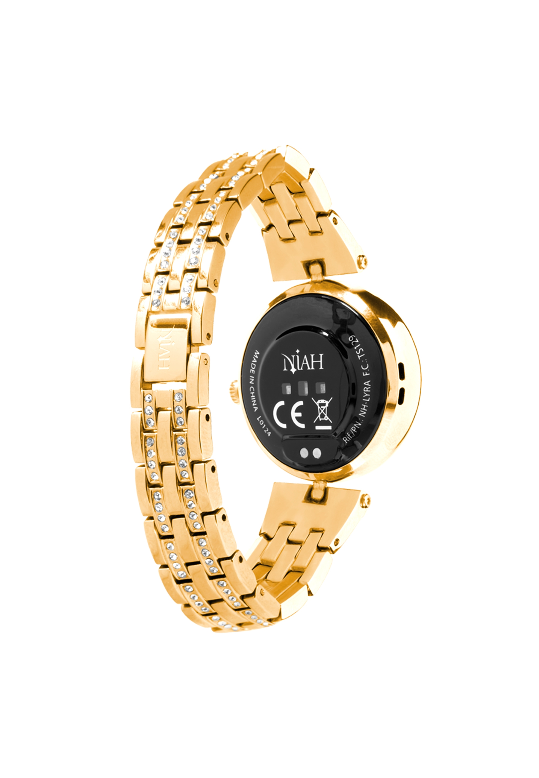 Eine goldene Smartwatch mit goldenem Armband, verziert mit Strasssteinen, präsentiert vor weißem Hintergrund.