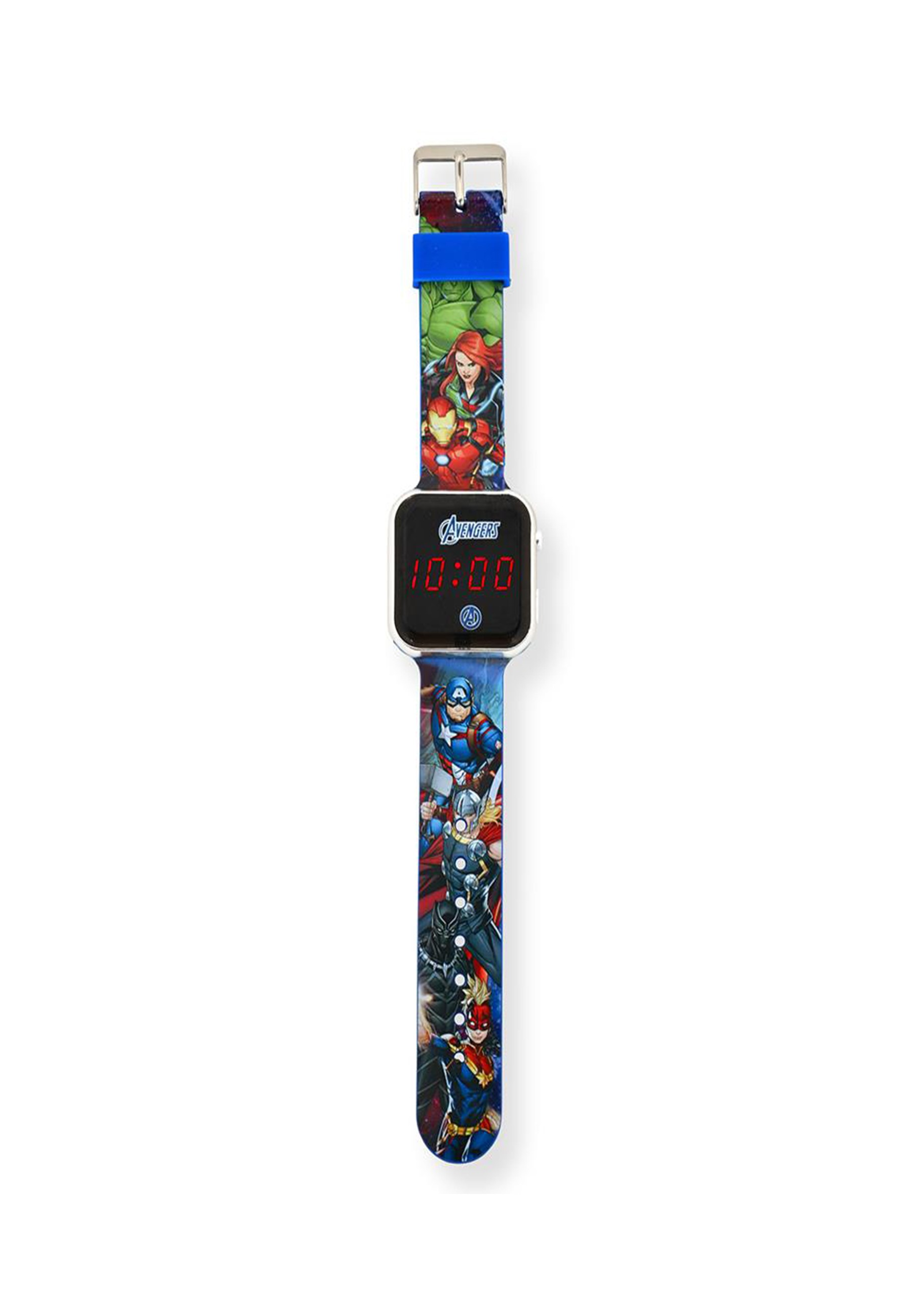 Montre numérique Marvel Avengers avec un bracelet coloré avec des super-héros. L'heure affichée est 10h00.