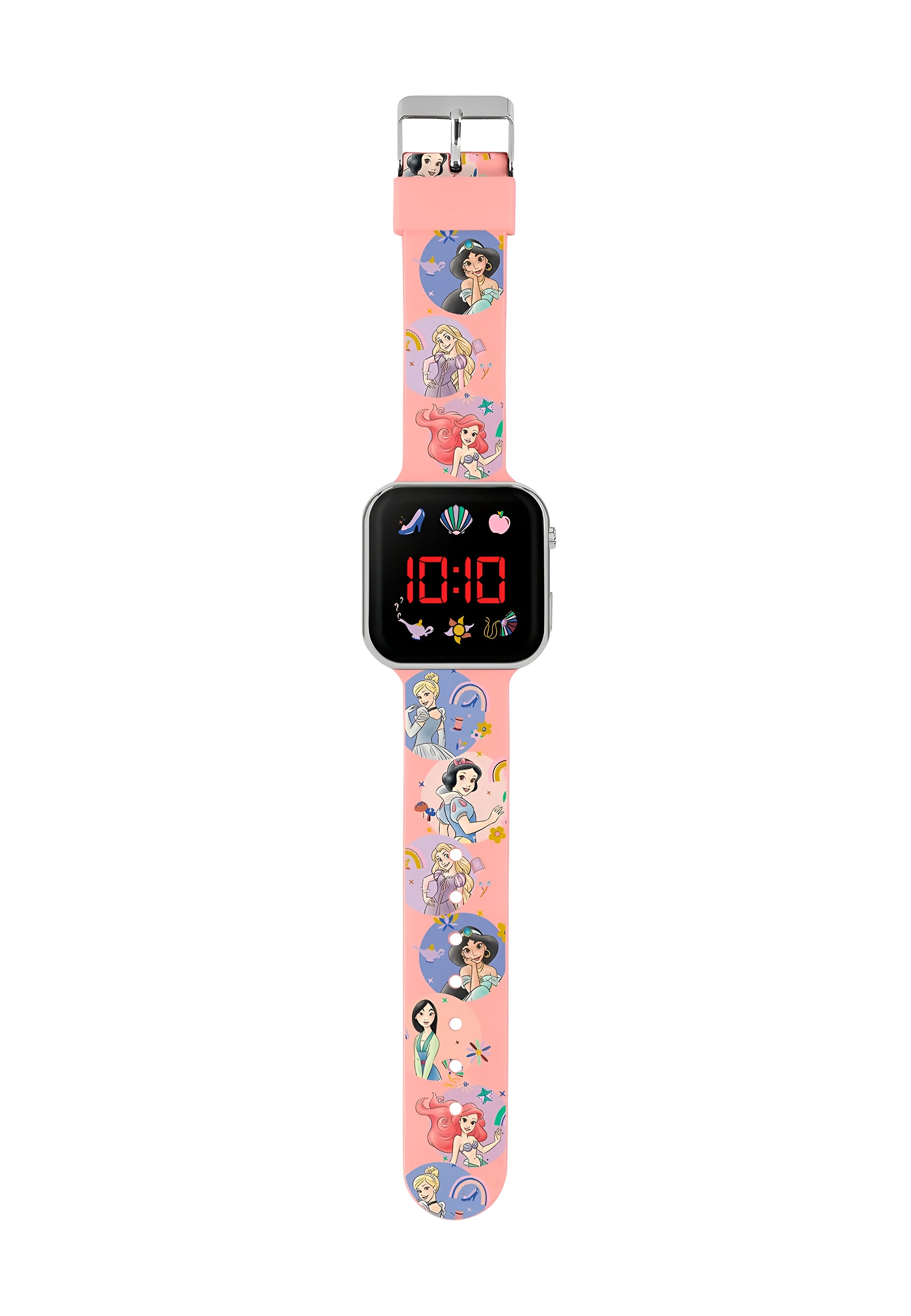 Une montre rose avec un bracelet rose. Le bracelet comporte des images de princesses de dessins animés. La montre affiche l'heure 10:10.