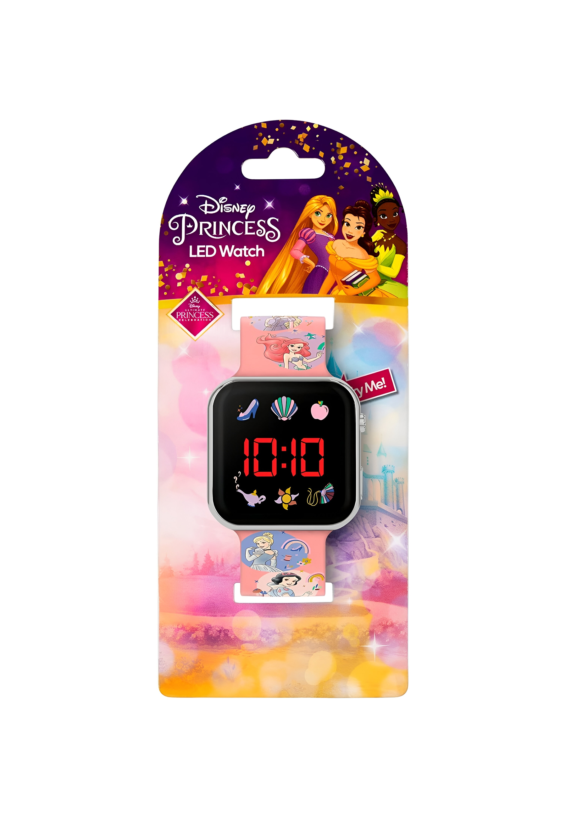Montre LED Disney Princess rose dans son emballage. Images de princesses, affichage de l'heure et bracelet rose avec images.