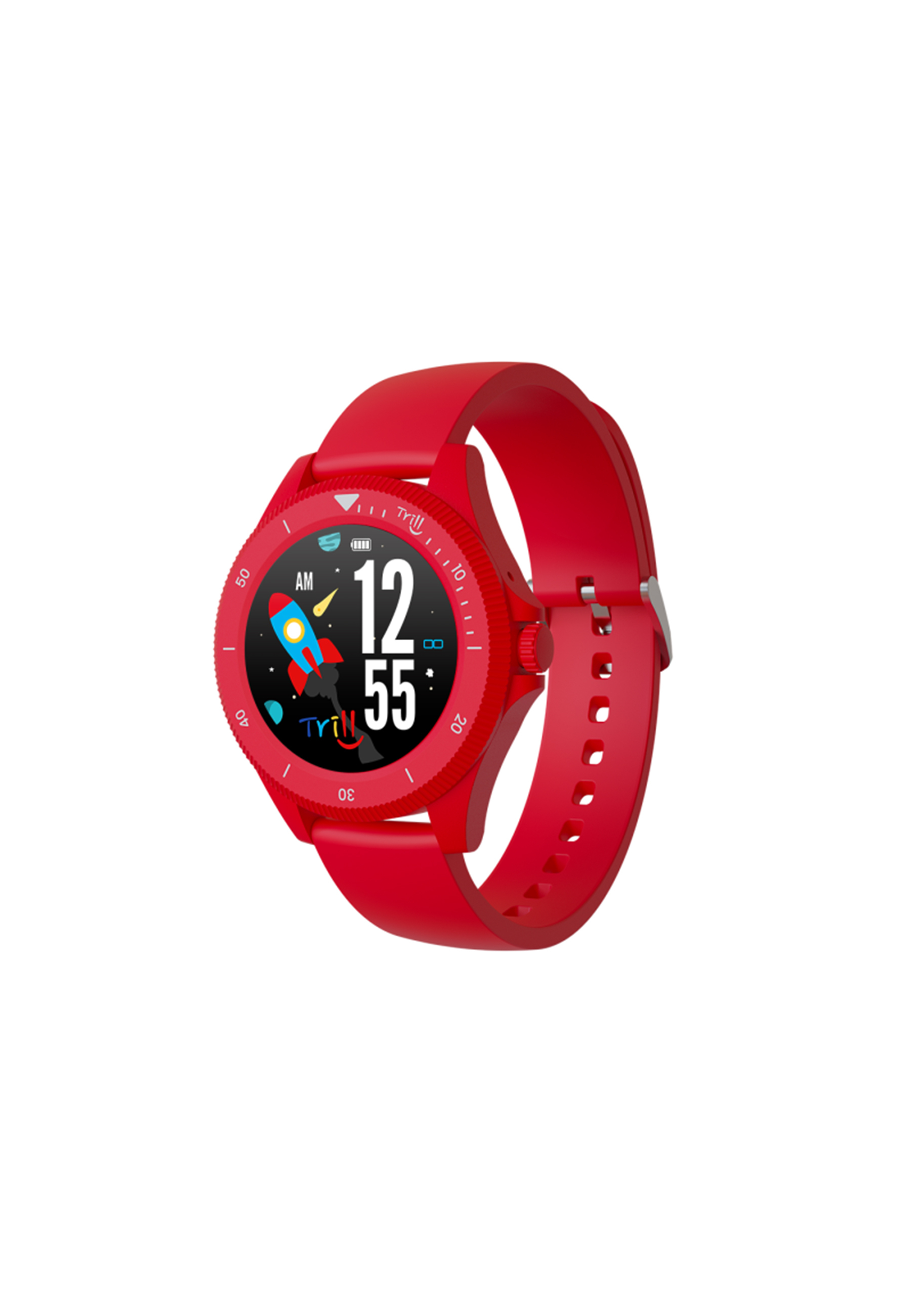 Smartwatch rouge, bracelet rouge, écran circulaire affichant l'heure et l'icône de la fusée, fond blanc, vue latérale.