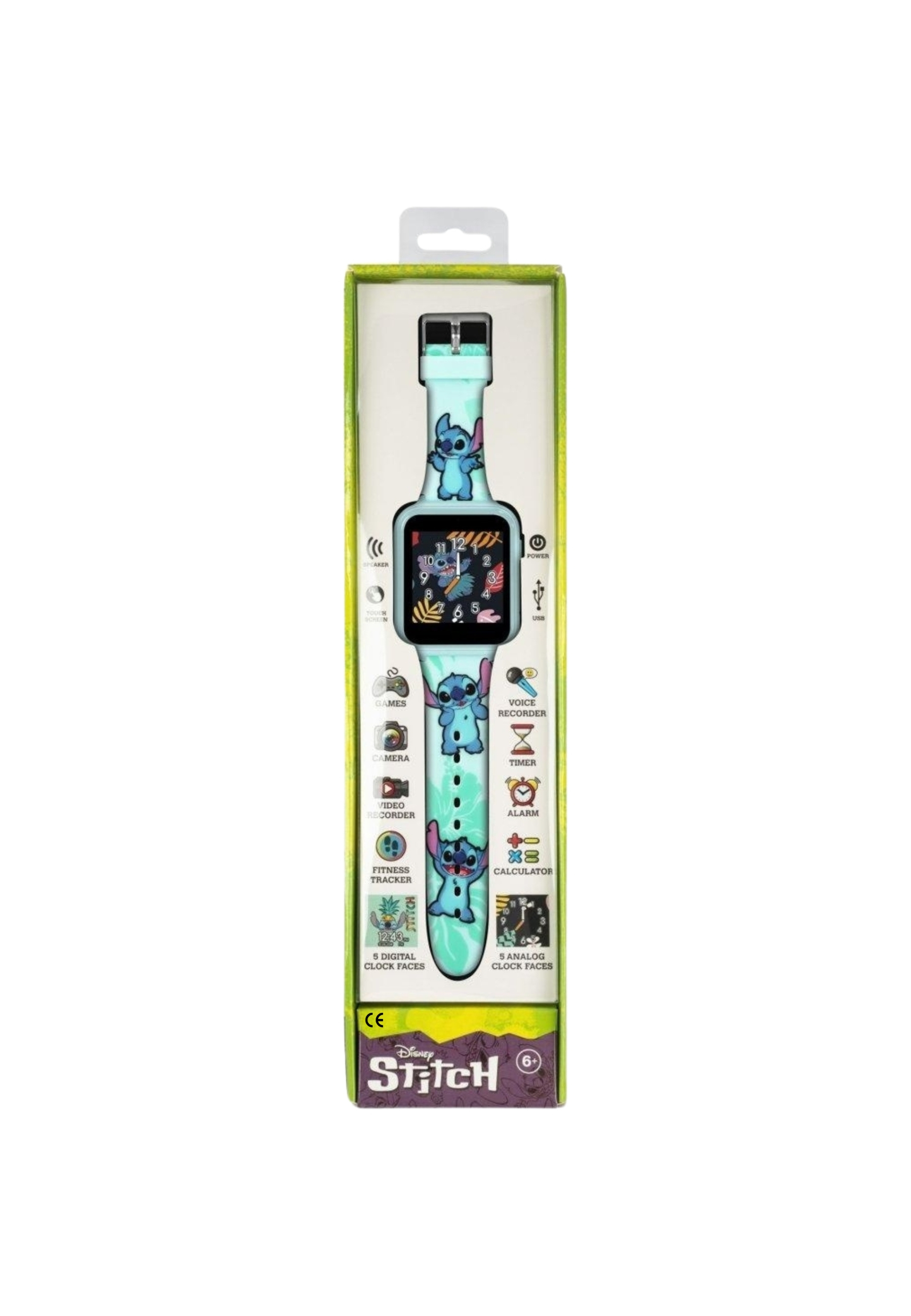Montre connectée Disney Stitch dans son emballage. Motif Stitch sur le bracelet et l'écran. La boîte est verte.