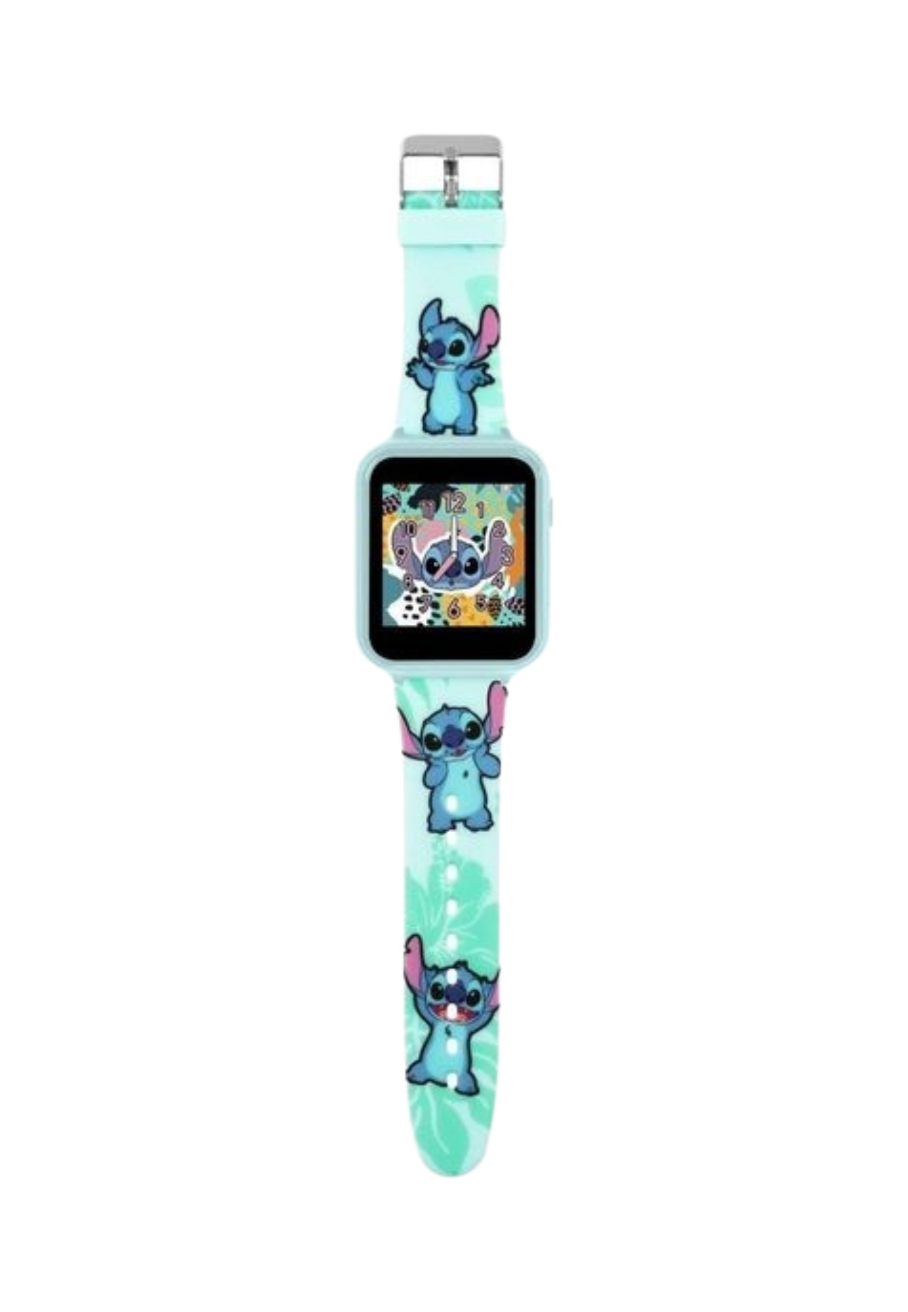 Une smartwatch sur le thème de Stitch avec un bracelet bleu. L'écran affiche les personnages de Stitch et l'heure.