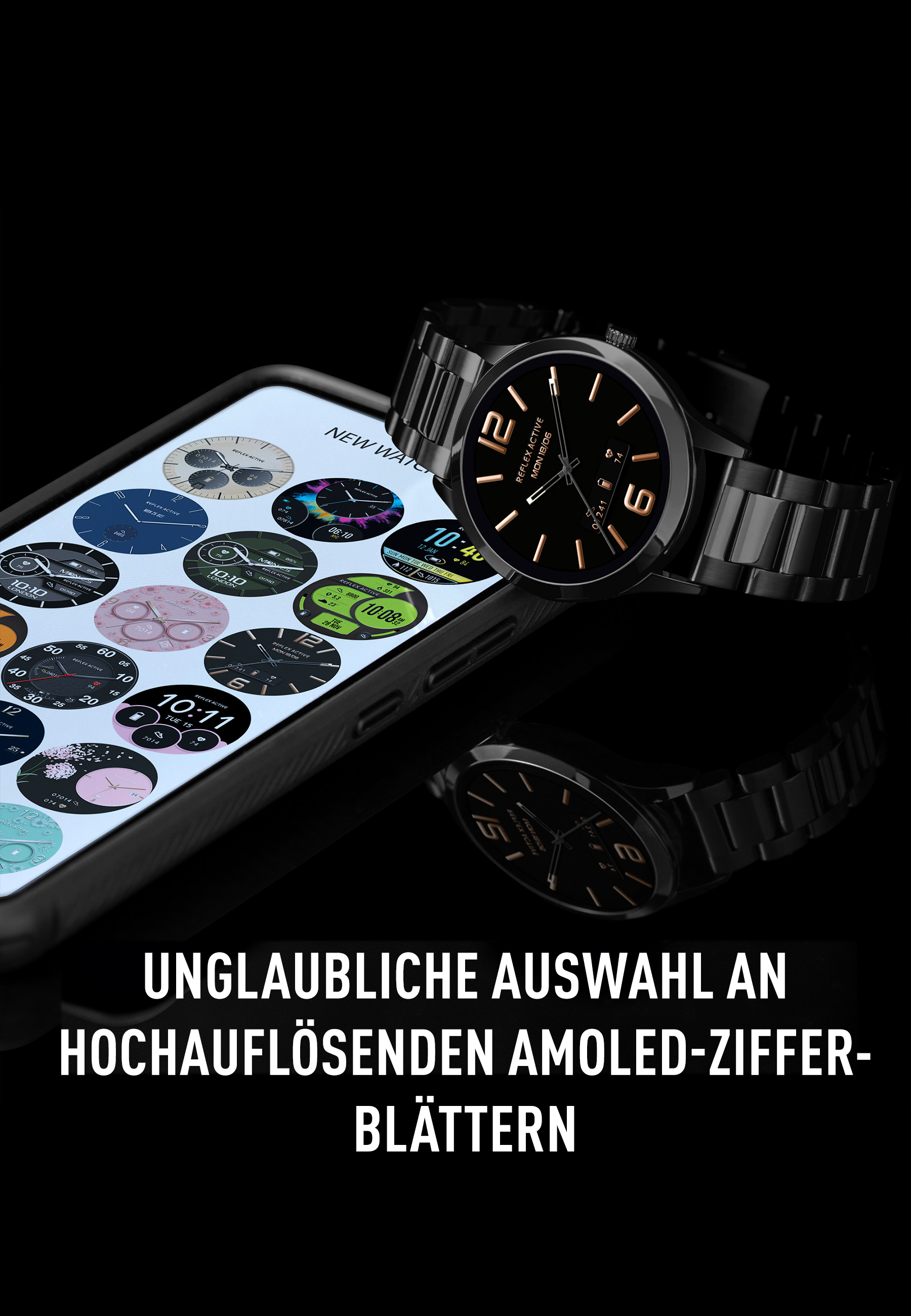 Une montre noire avec un téléphone noir affichant des cadrans de montre. Texte en allemand.