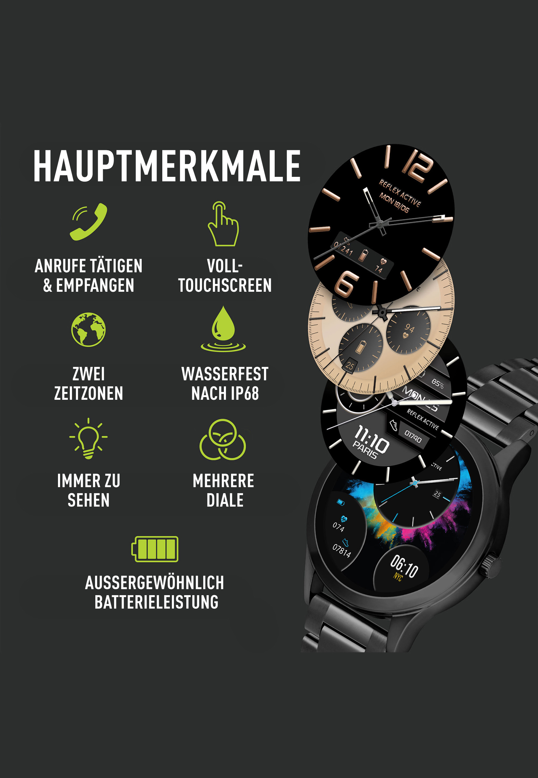 Smartwatch avec plusieurs cadrans, bracelet noir et diverses fonctionnalités sur fond sombre.