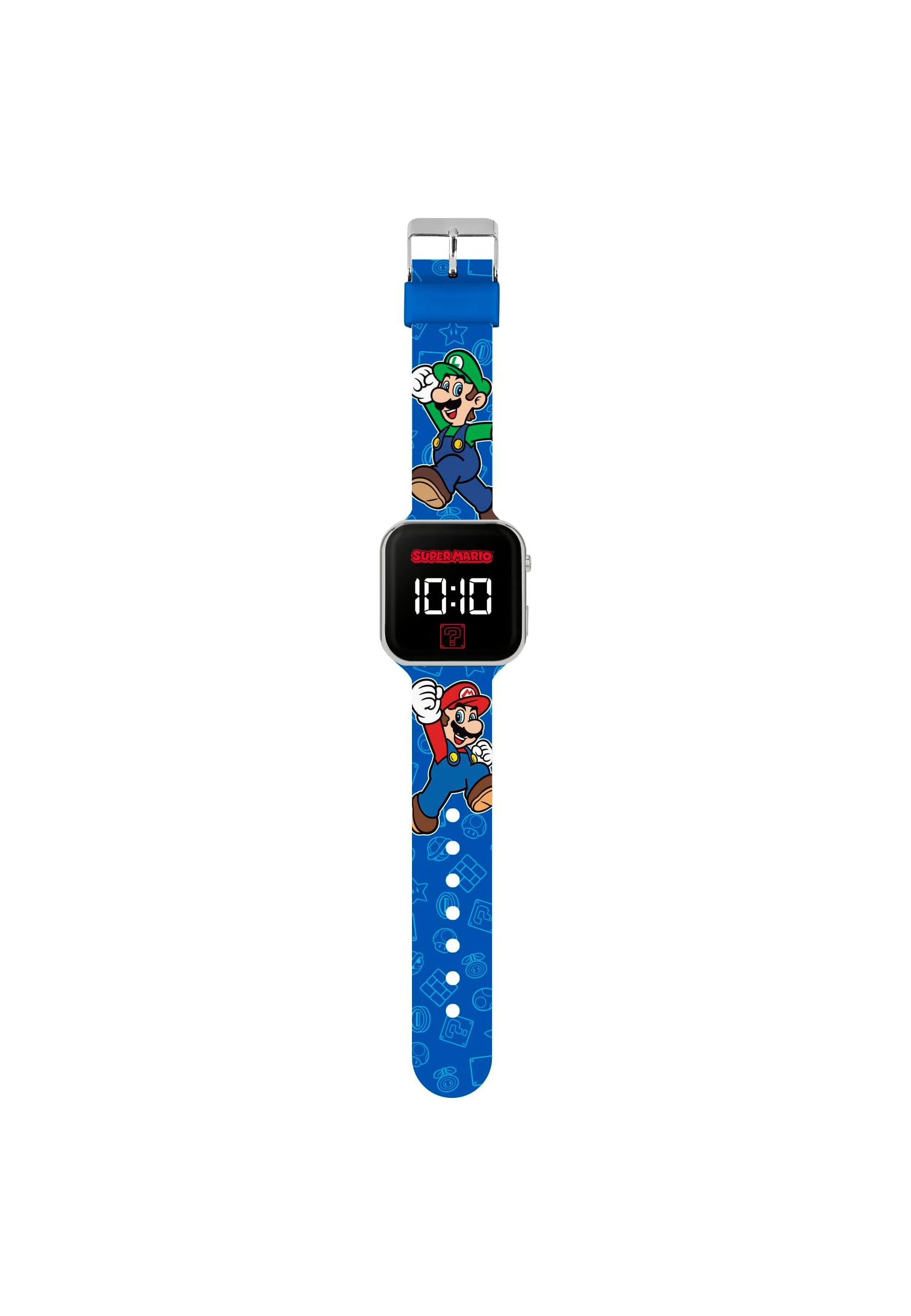 Blaue Super Mario Uhr mit Mario und Luigi am Armband, digitale Zeitanzeige.