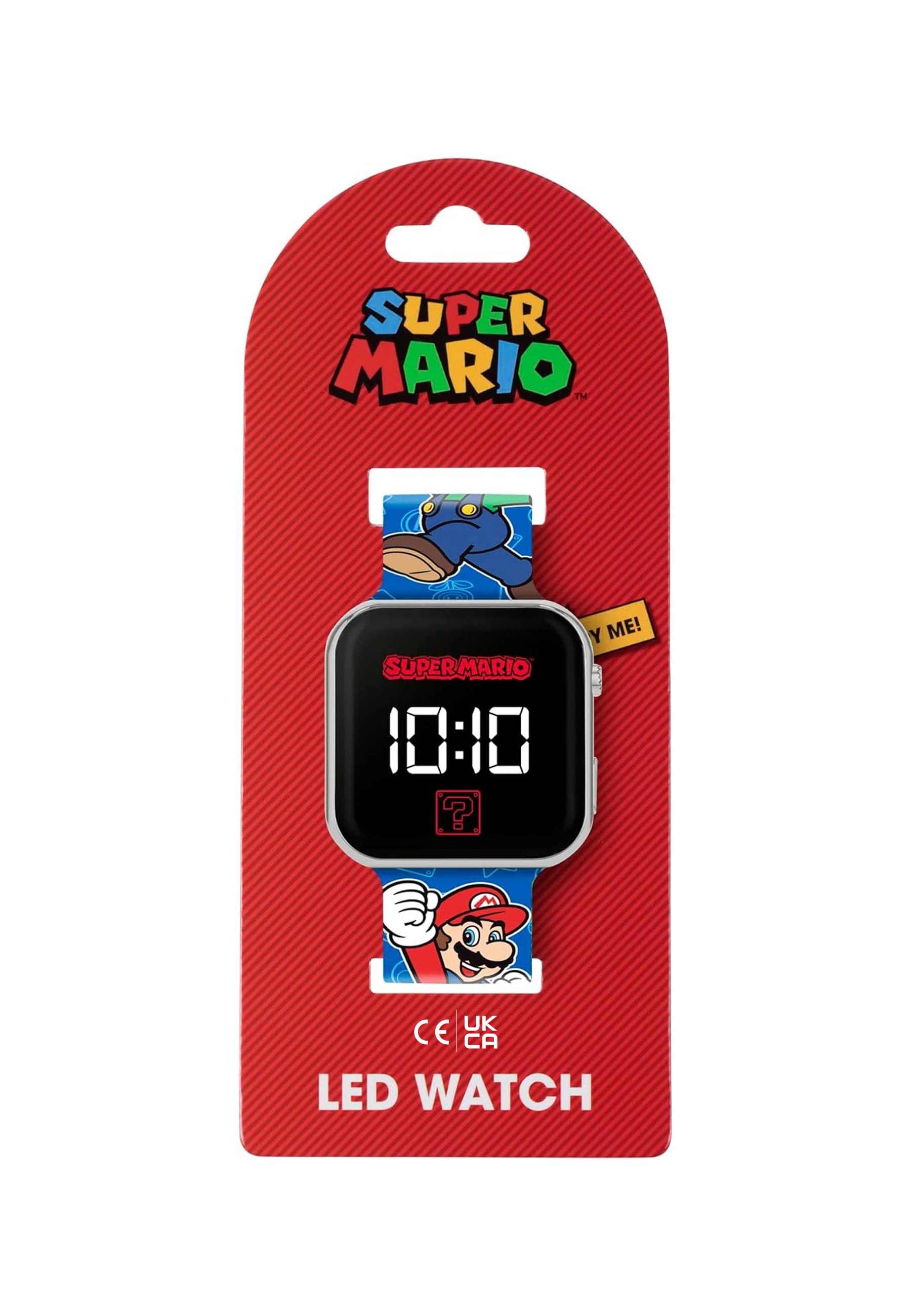 Super Mario LED-Uhr auf roter Pappe. Die Uhr zeigt die Uhrzeit 10:10 an.