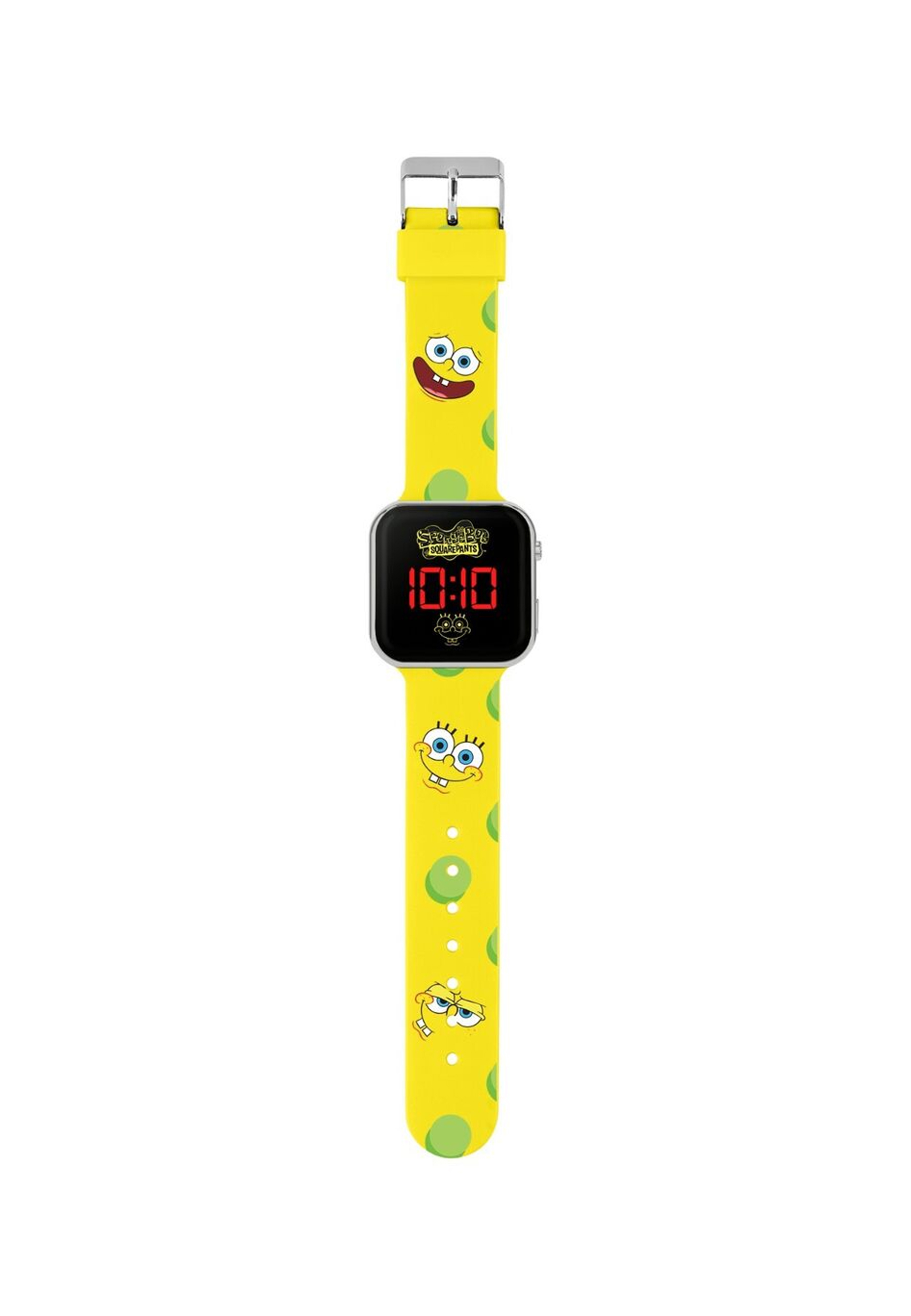 Montre Bob l'éponge avec bracelet jaune. L'écran affiche l'heure.