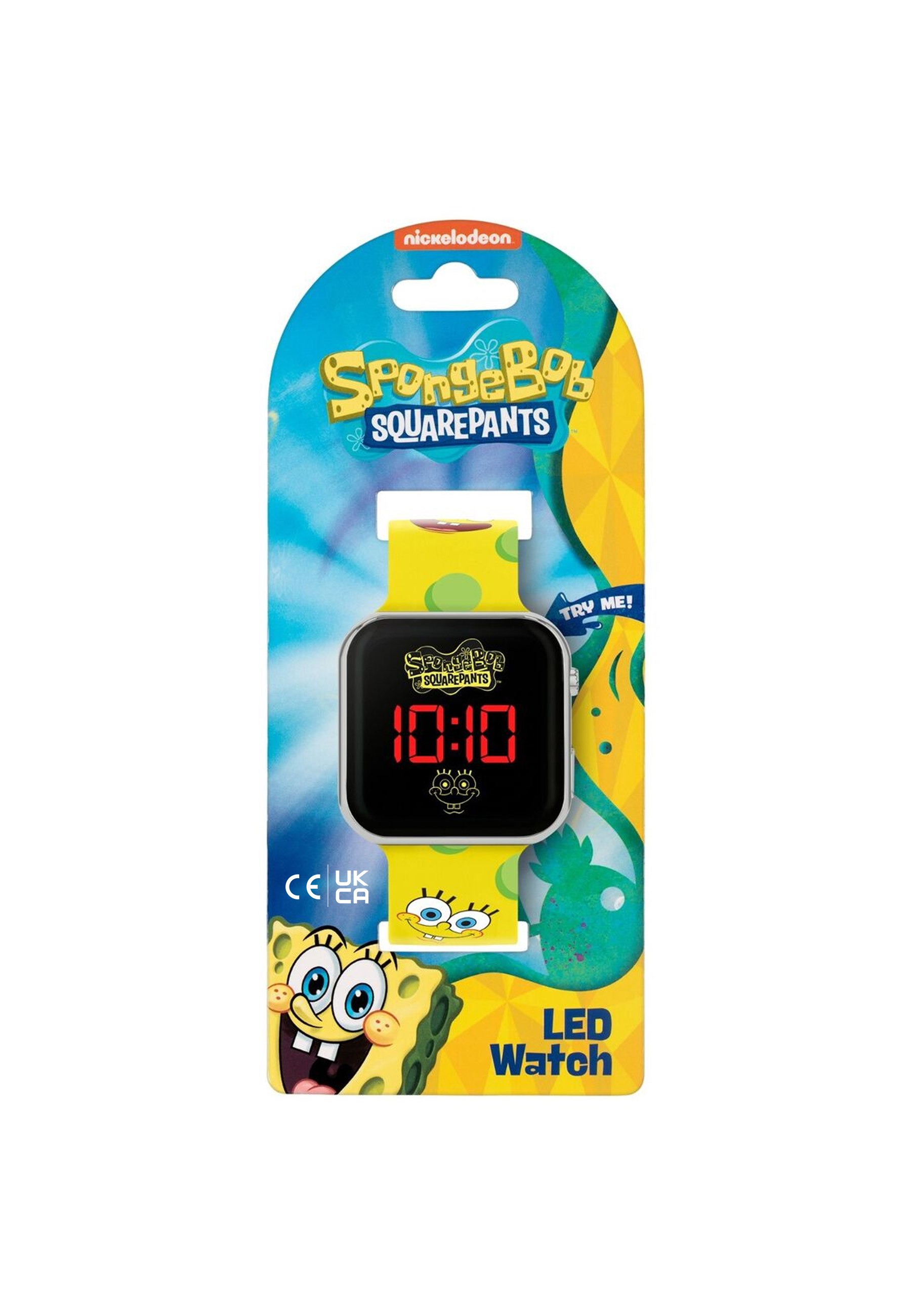 Montre LED sur le thème de Bob l'éponge sur l'emballage, avec un bracelet jaune et un écran noir affichant l'heure.