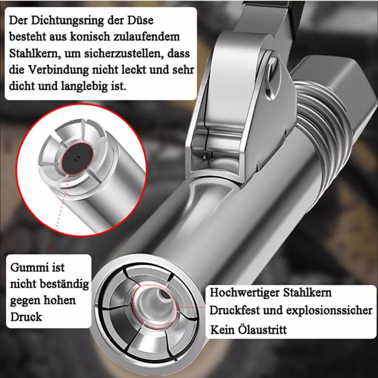 Nahaufnahme eines Metallwerkzeugs mit Textetiketten, die seine Teile und Funktionen für Hochdruckbeständigkeit detailliert beschreiben.