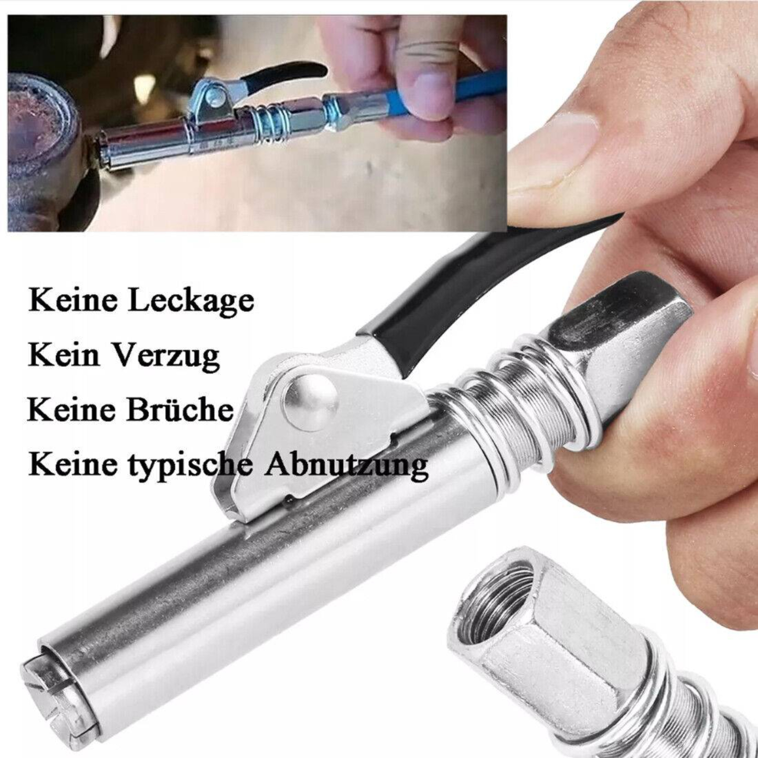 Werkzeug zum Auftragen von Fett. Text: 'Kein Leckage', 'Kein Verzug' usw.