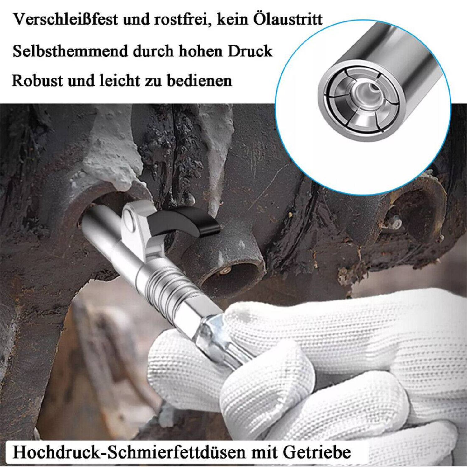 Fettpresse. Nahaufnahme der Düse und der Pistole, die auf einer rostigen Oberfläche verwendet wird.