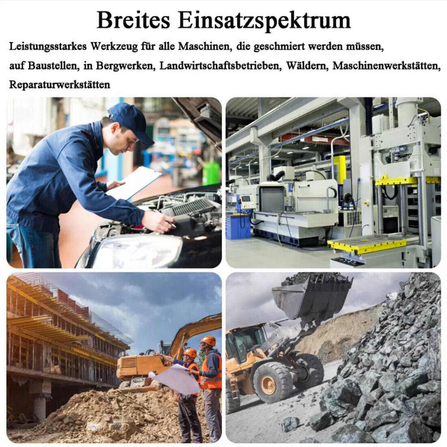 Vier Bilder, die verschiedene Arbeitsszenarien zeigen: Mechaniker, Fabrik, Bau und Bergbau, Textüberlagerung.
