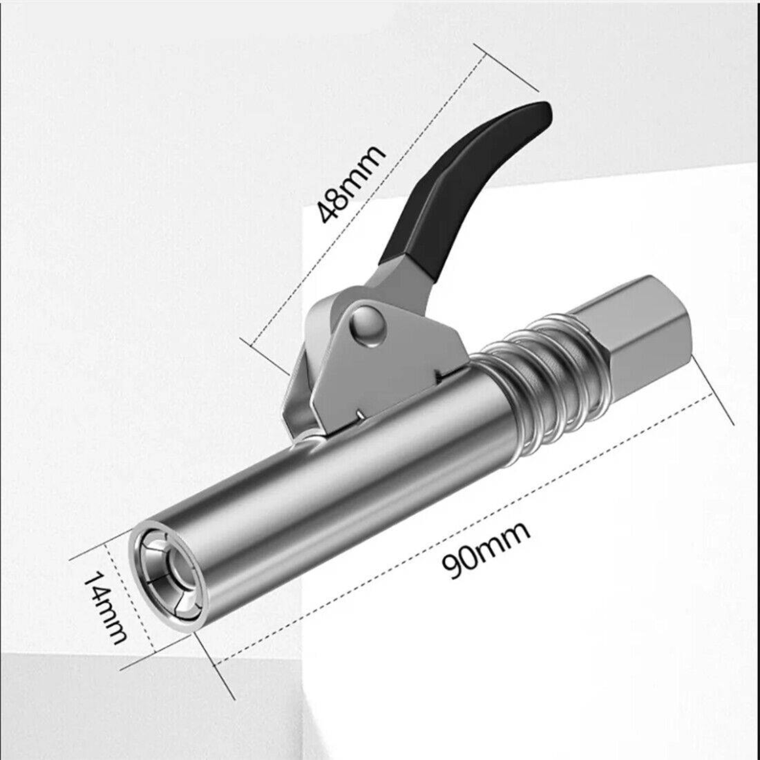 Silberne Fettpresse mit schwarzem Griff. Maße: 90mm lang, 48mm hoch, 14mm Durchmesser.