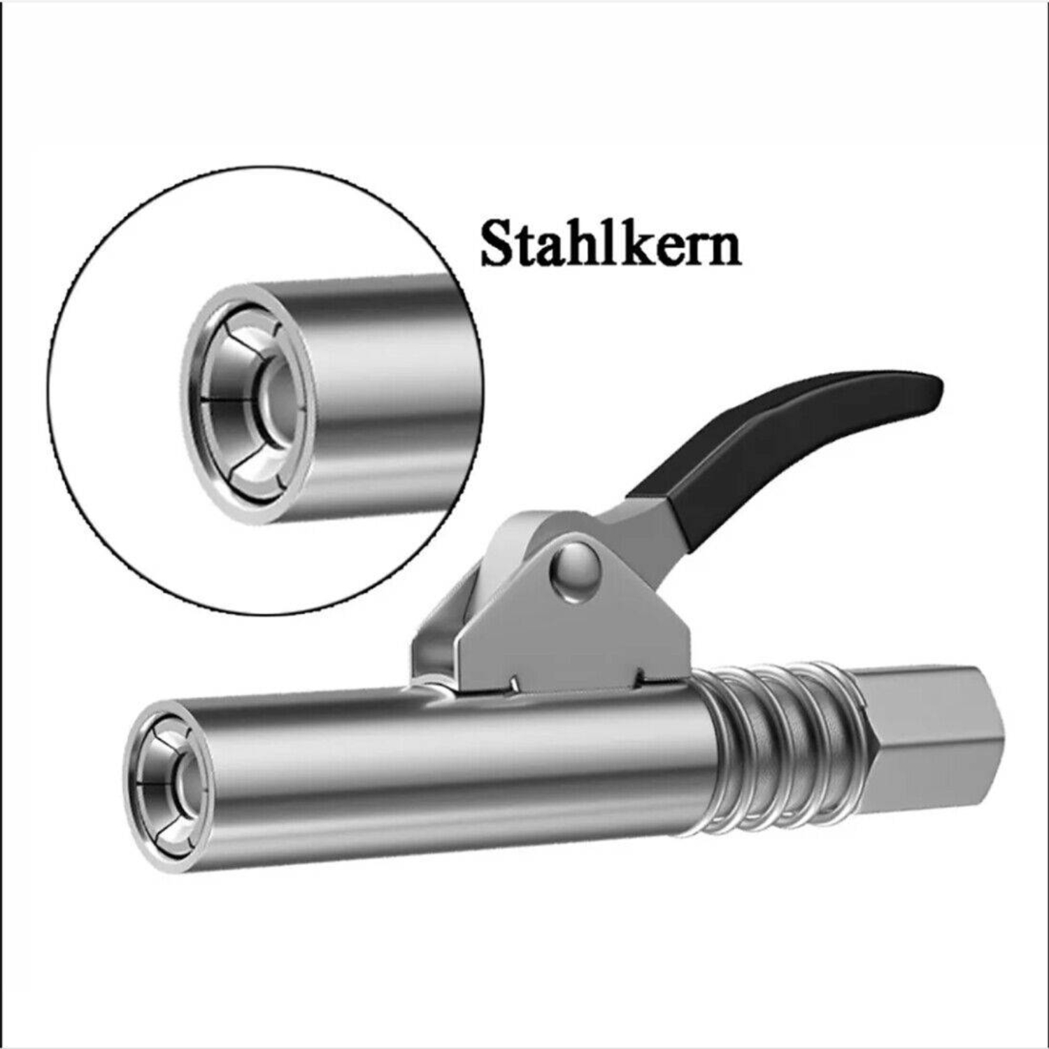 Metallfettpresse mit Stahlkern und schwarzem Griff vor schwarzem Hintergrund.