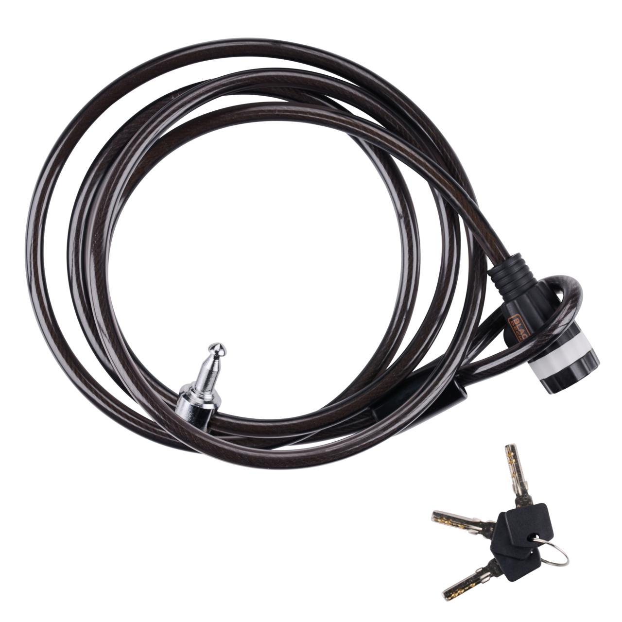 Een opgerold zwart kabelslot met sleutels, slot en kabel.