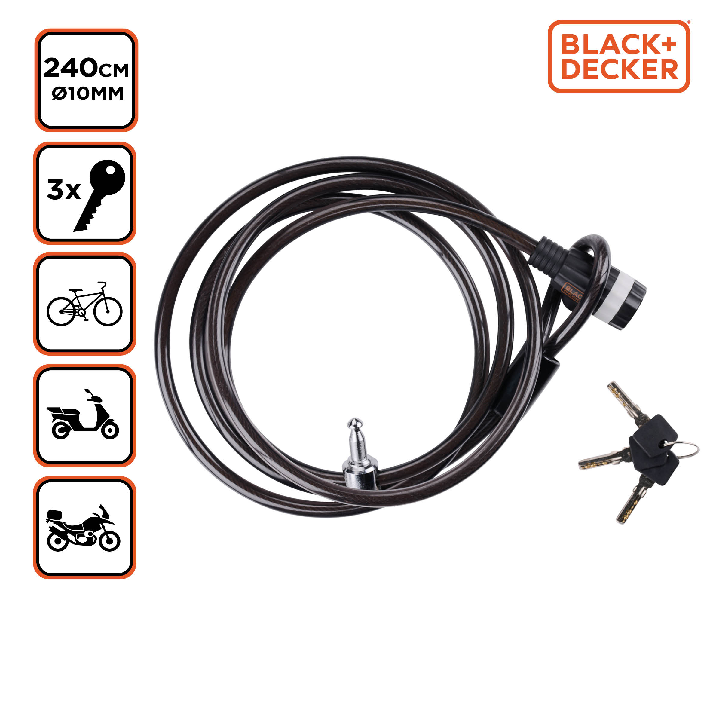 Zwart kabel fietsslot met sleutels en pictogrammen van een fiets, scooter en motor.