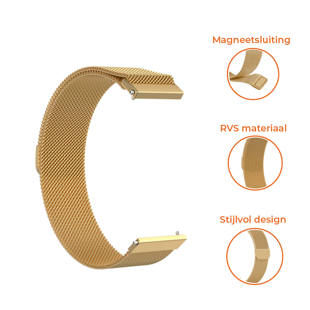 Goldenes Uhrenarmband mit Mesh-Design, mit Detailaufnahmen des Verschlusses.