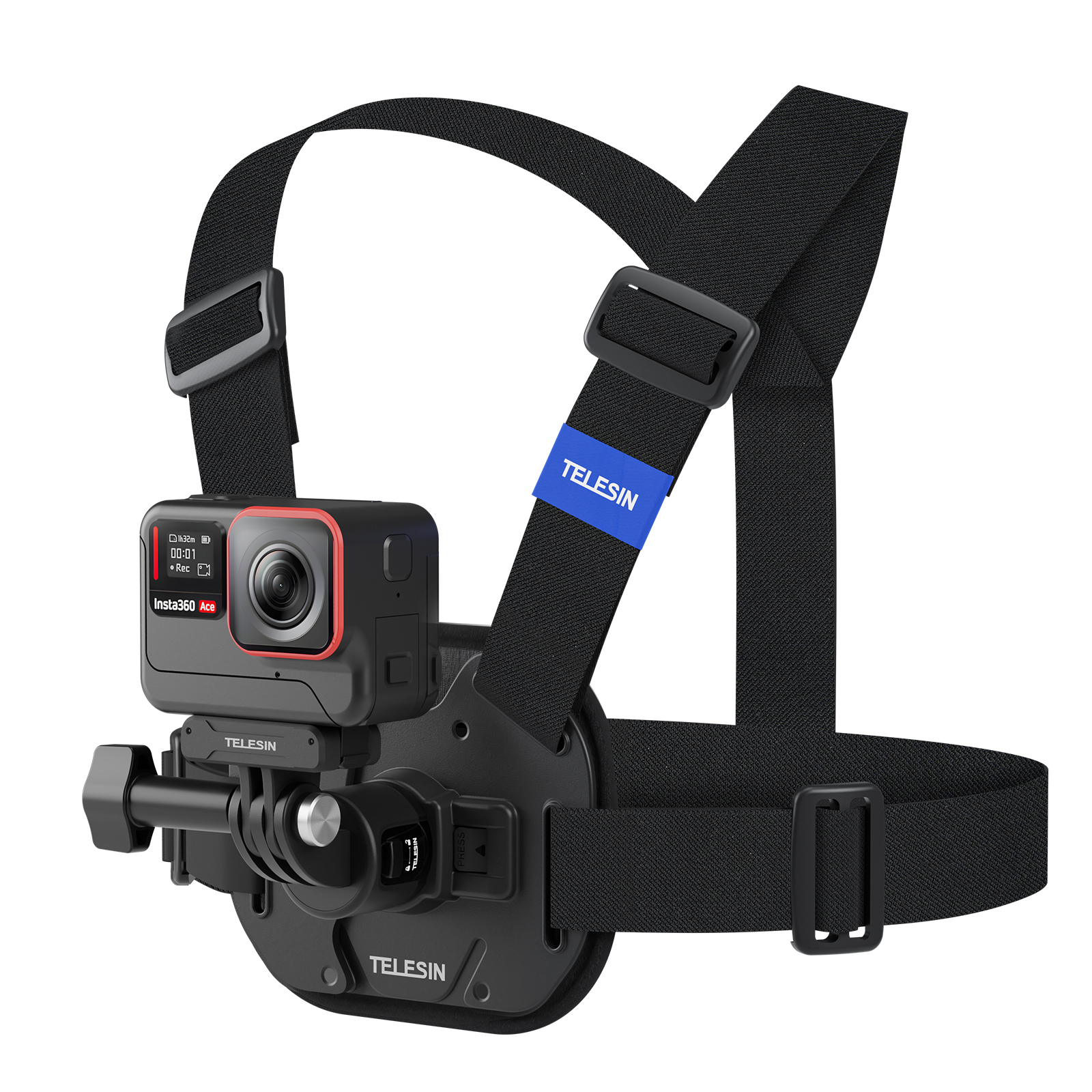 Black action camera chest mount with camera attached, with black straps and blue branding.