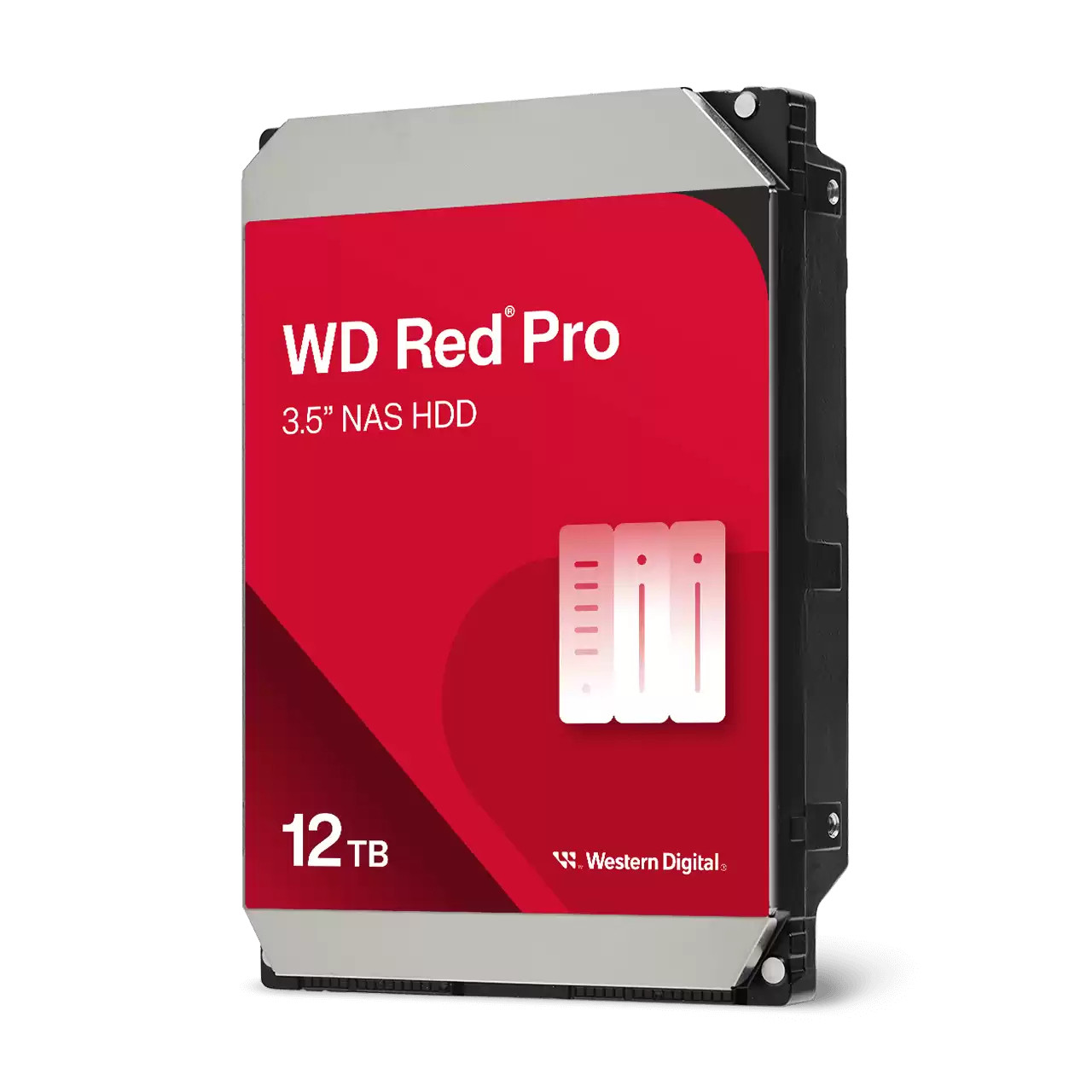 Dysk twardy WD Red Pro 12TB. Czerwona etykieta, czarna obudowa. Białe tło.