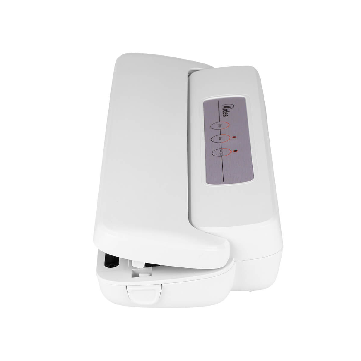 Białe, kątowe urządzenie Aries. Posiada panel sterowania z czerwonymi światłami.