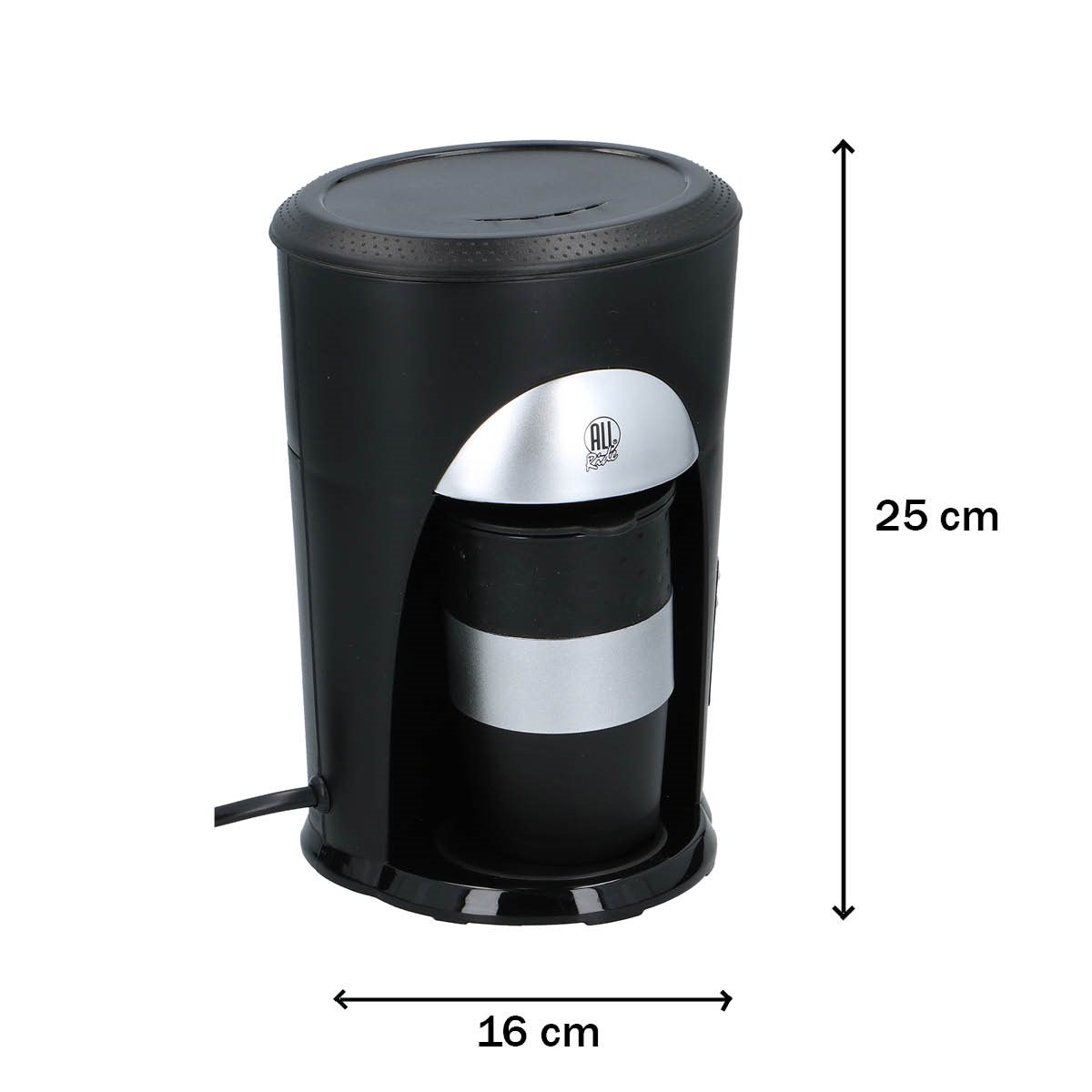 Cafetière noire avec dimensions 25 cm de haut et 16 cm de large sur fond blanc.